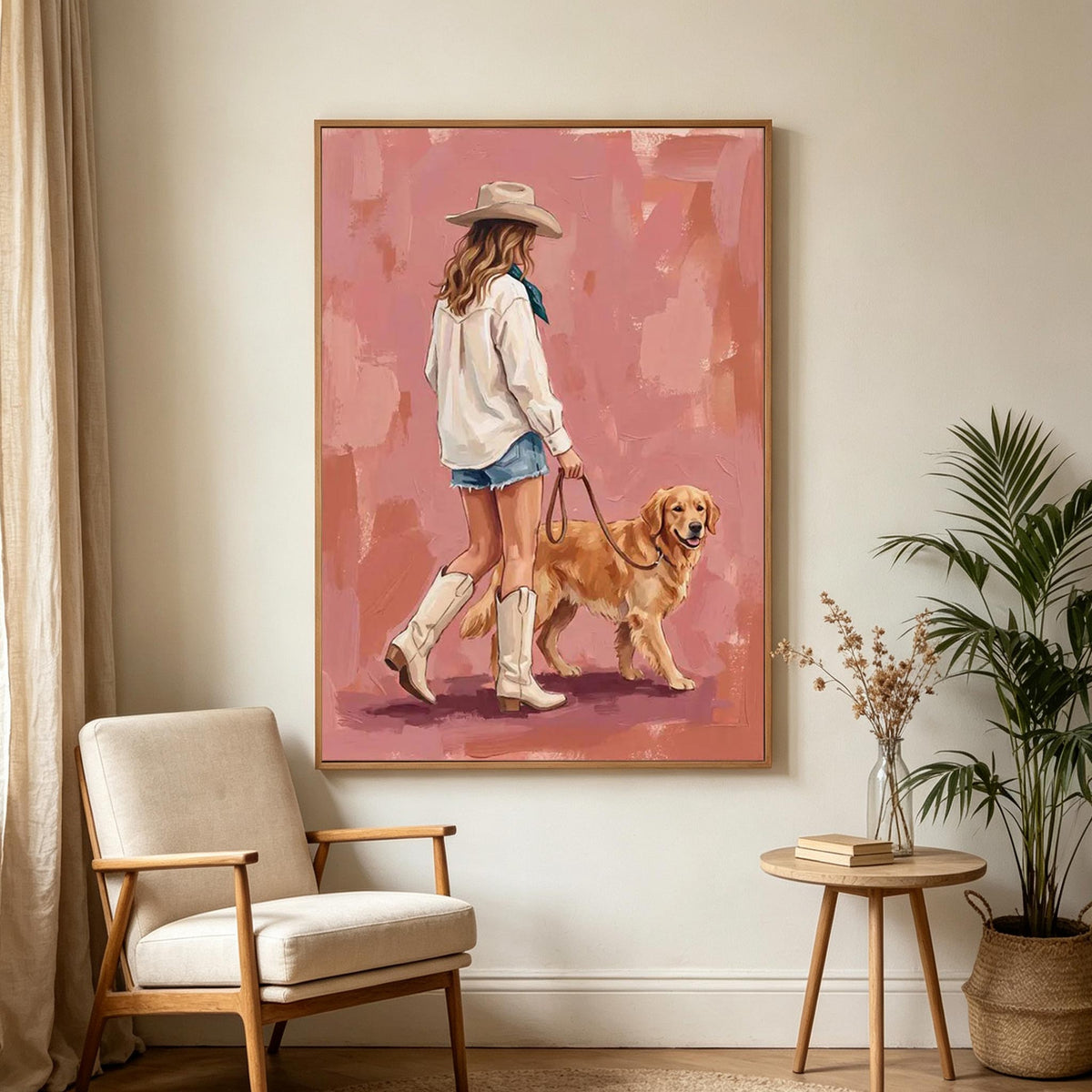 Woman Walking a Golden Retriever Wall Art #AN015