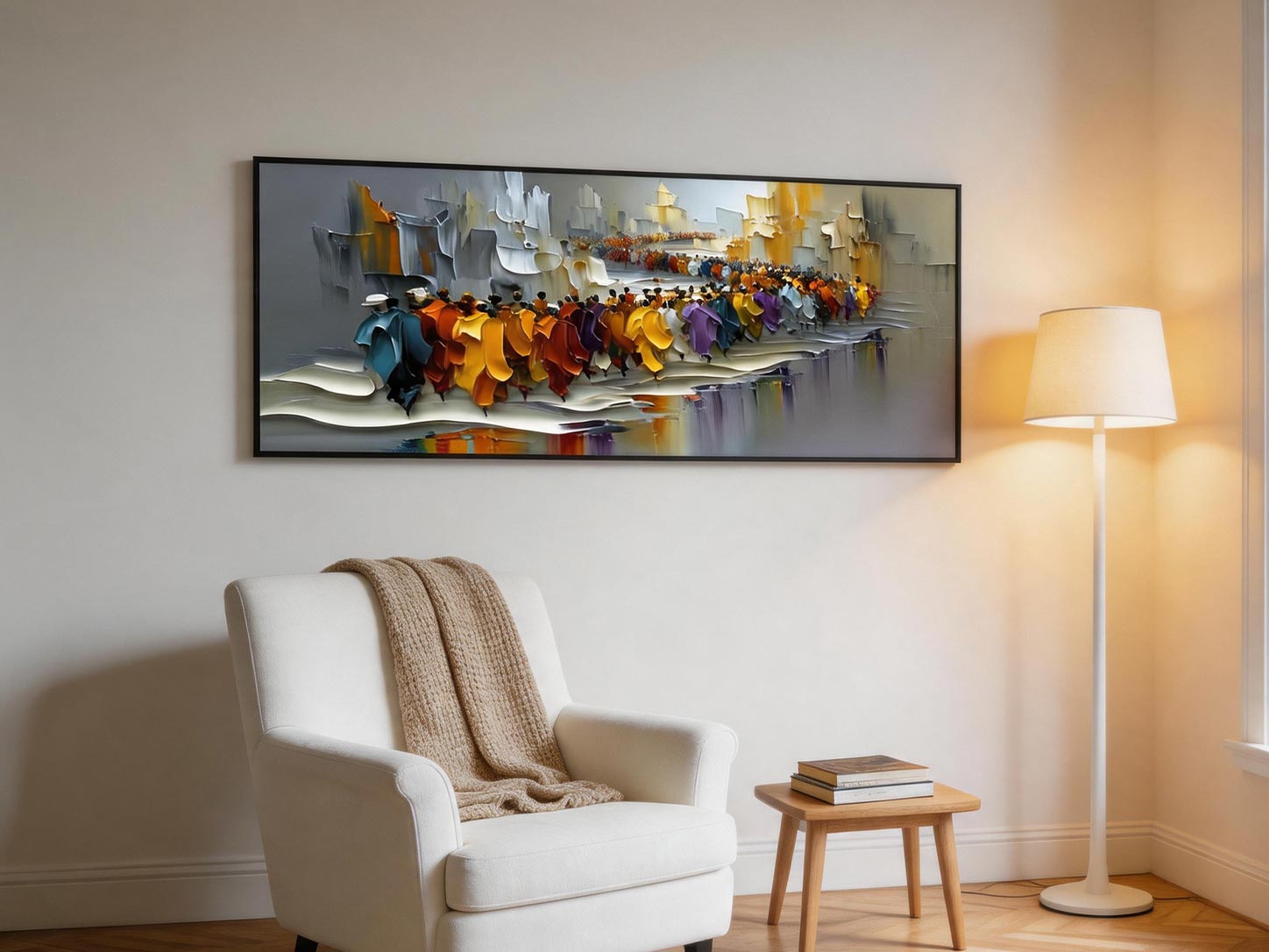 The March — Colourful Crowd Impasto Canvas Wall Art, Wide Format #CP055