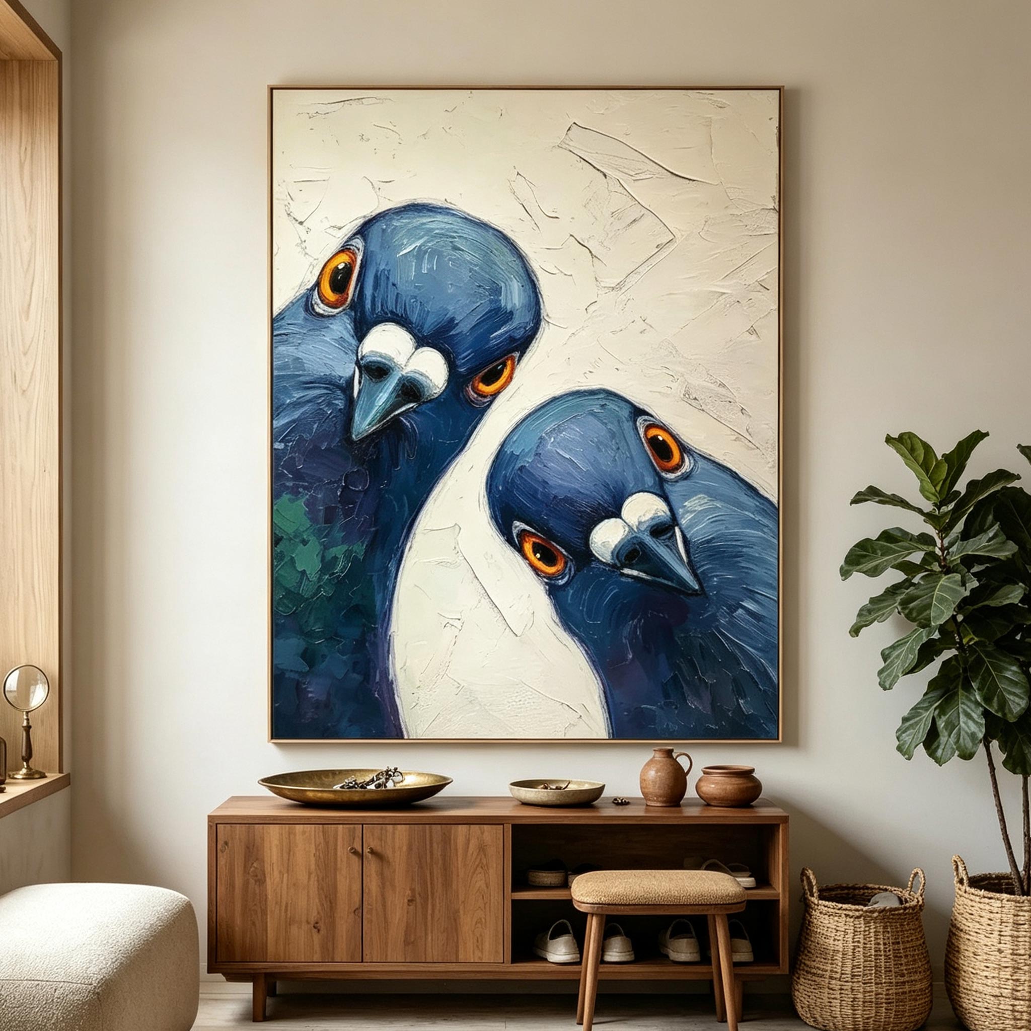 Watchful Pair – Textured Impasto Pigeon Painting #AN001
