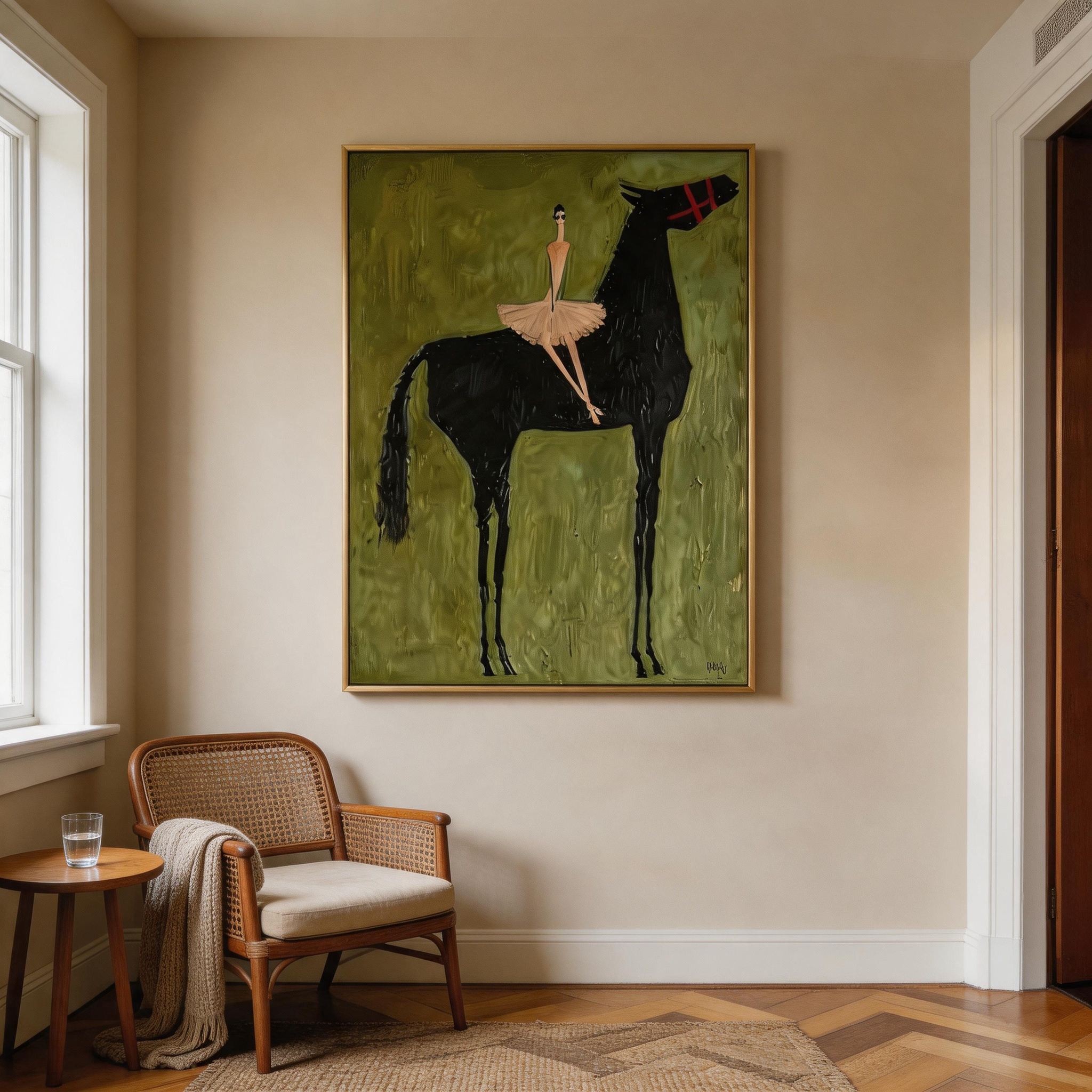 The Ballerina & the Black Horse — Whimsical Folk Art Canvas Wall Art #HA030
