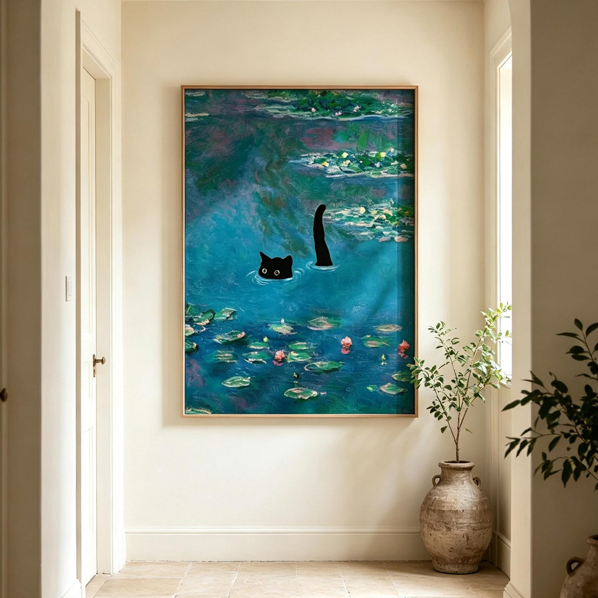 Black Cat in Lily Pond Wall Art #AN012