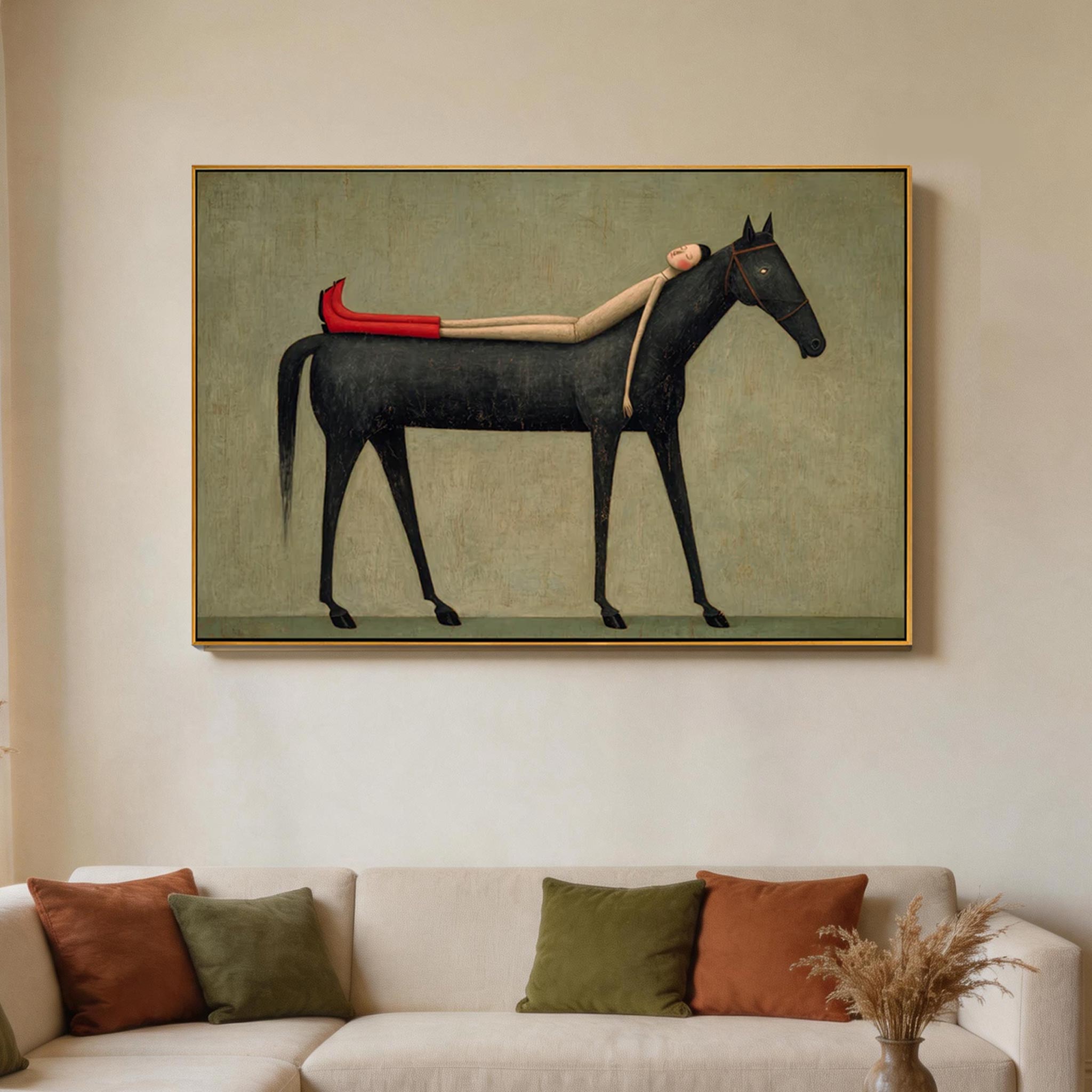 Carried — Woman & Black Horse Surrealist Canvas Wall Art #HA040