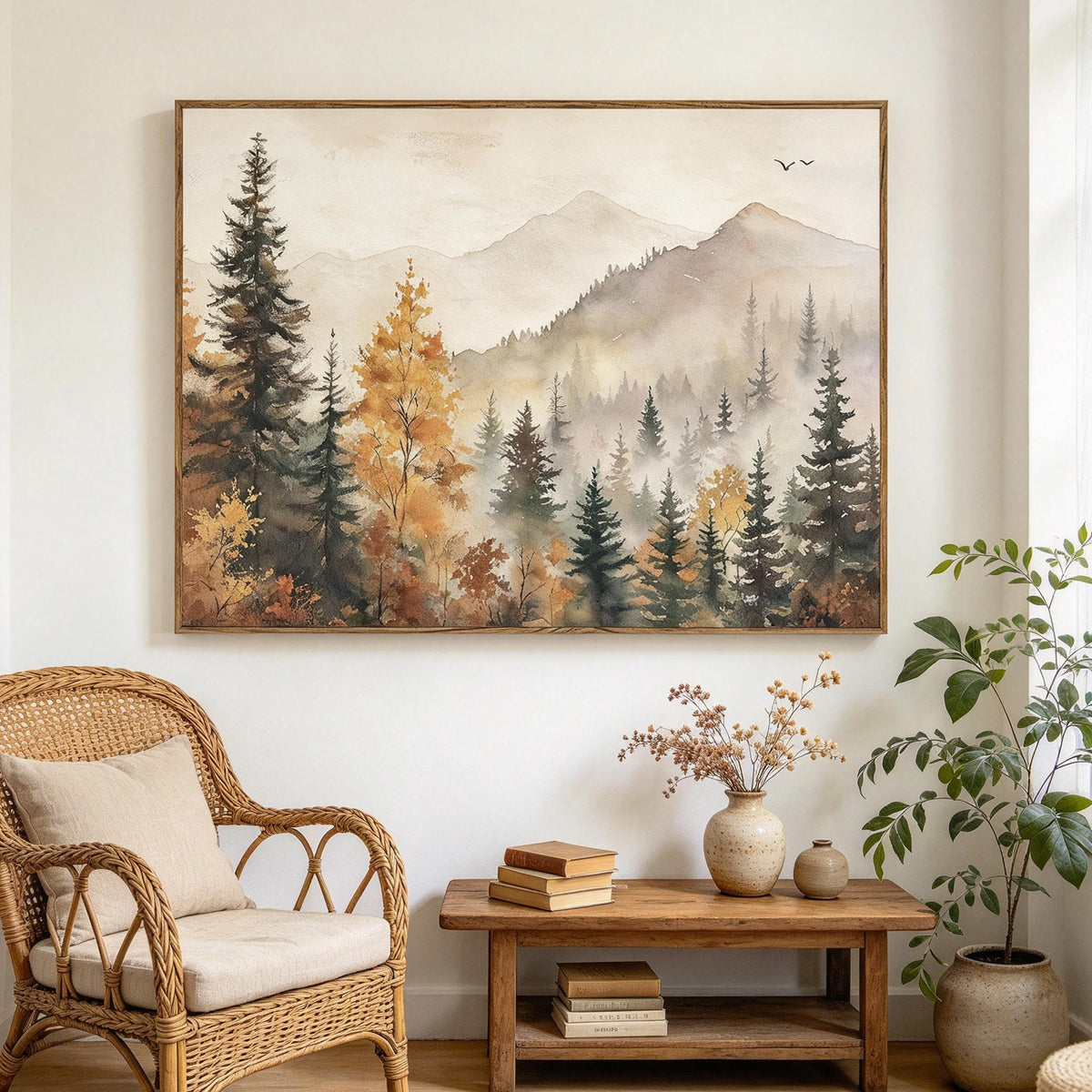 Misty Autumn Mountain Forest Wall Art #LS077