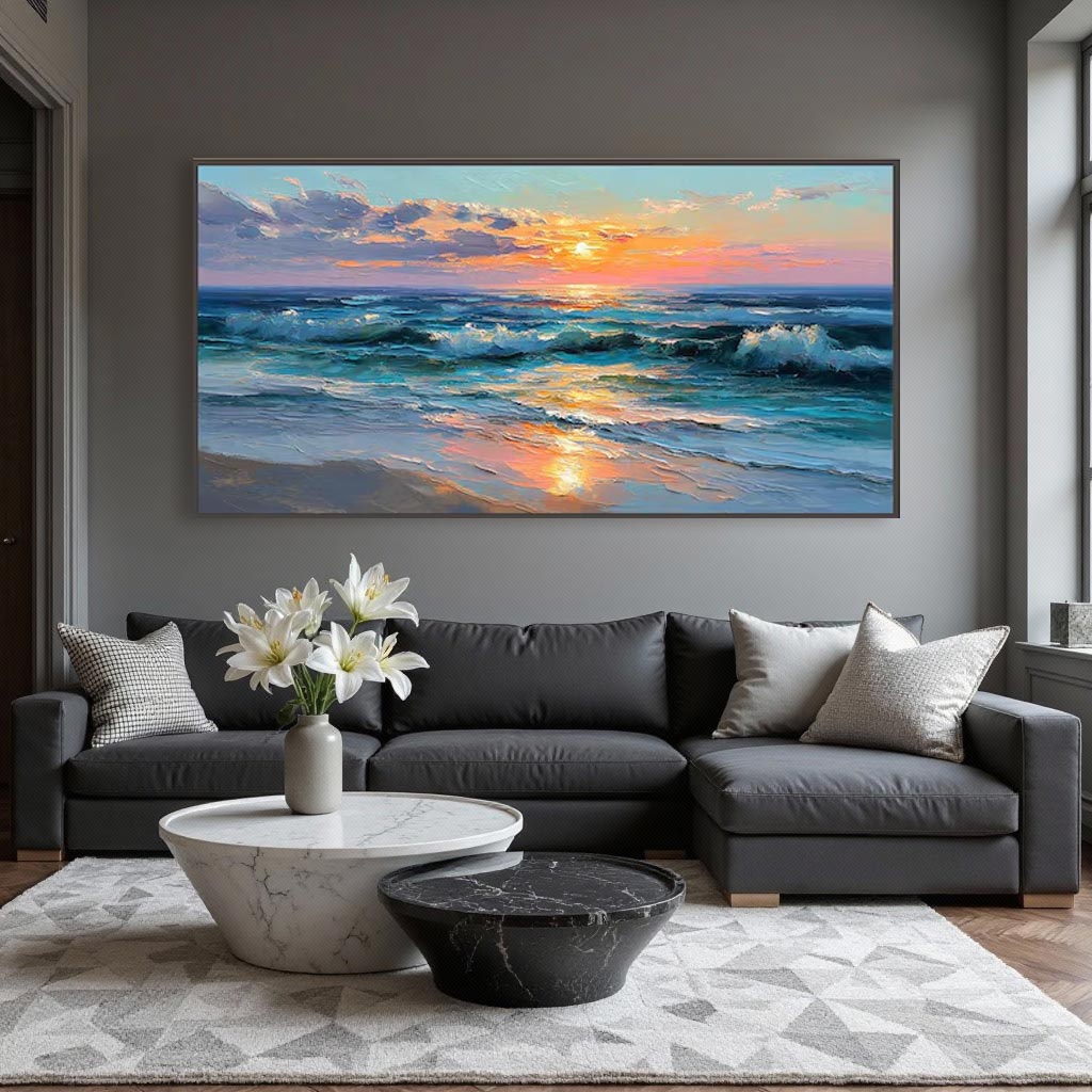 Sunset Ocean Wave Wall Art Canvas – Panoramic Coastal Seascape Painting #AT038