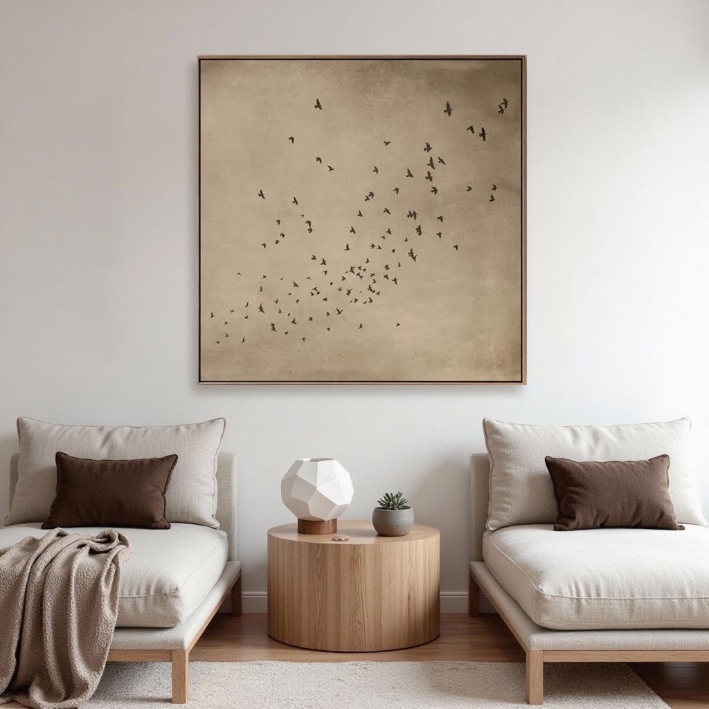 Minimalist Abstract Birds Oil Painting – Hand-Painted Neutral Wall Art #GT005