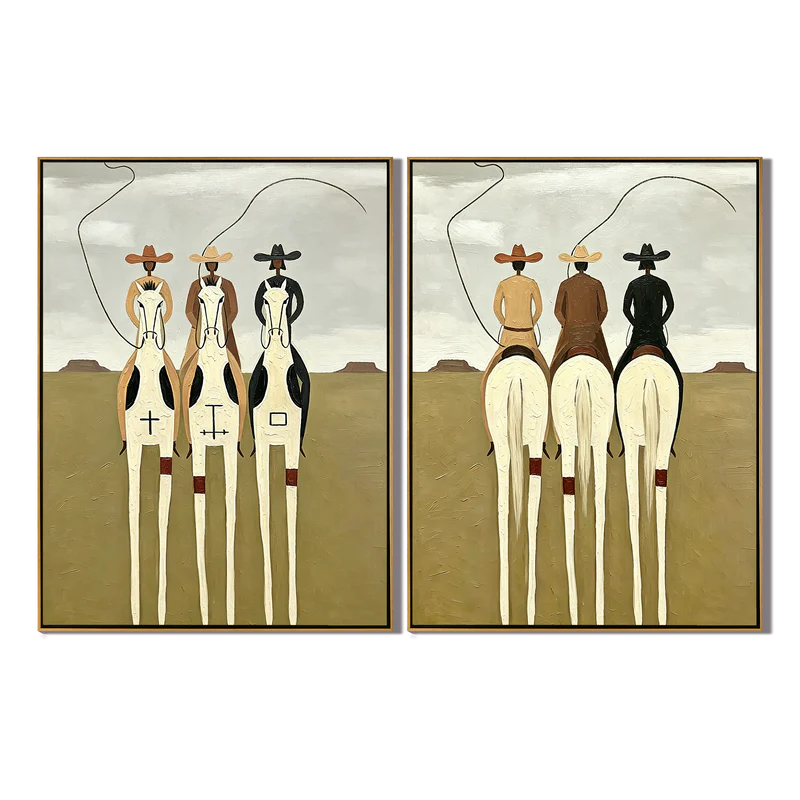 Golden Trail Riders – Whimsical Folk Art Cowboy Painting #HA059