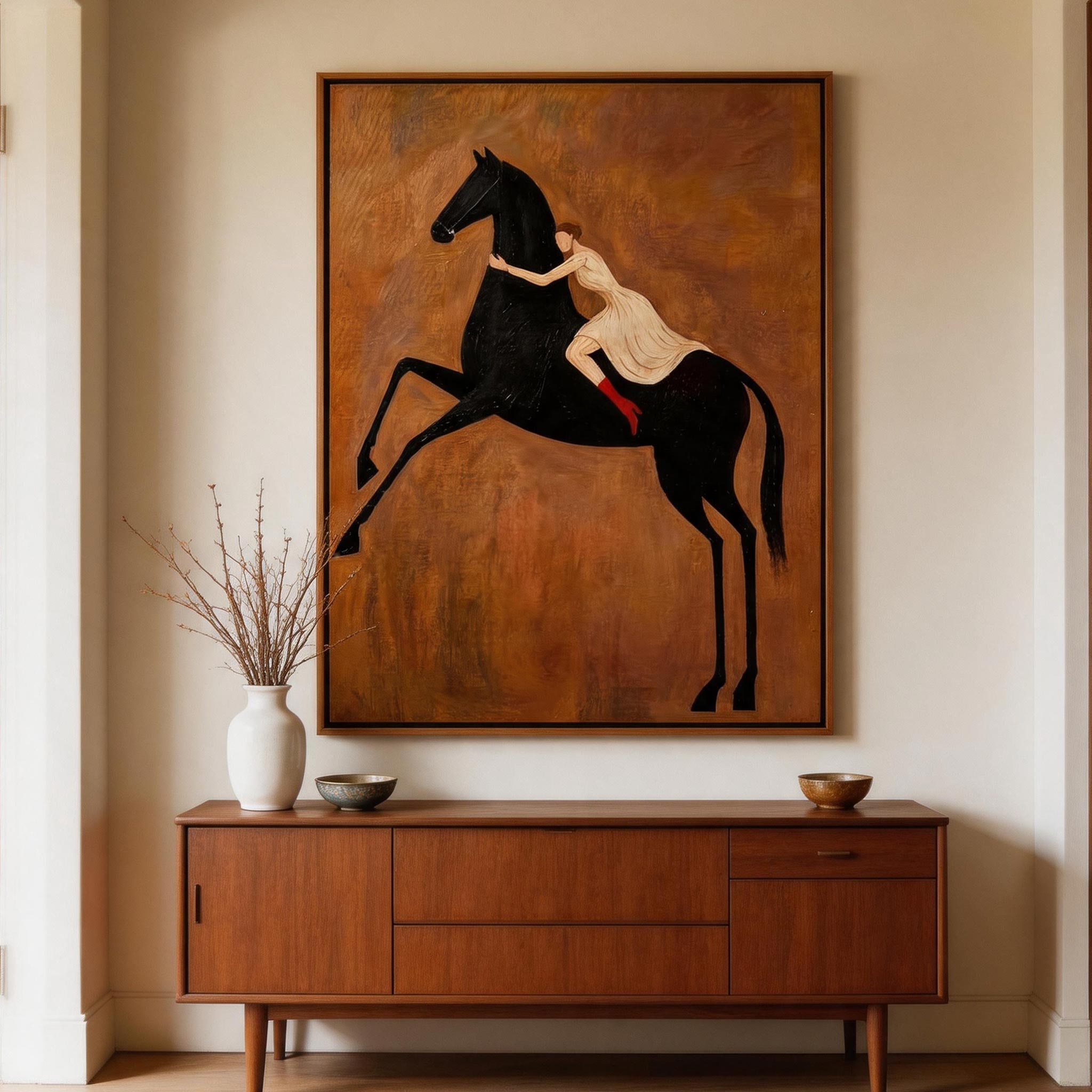 The Leap — Woman & Rearing Black Horse Canvas Wall Art #HA041