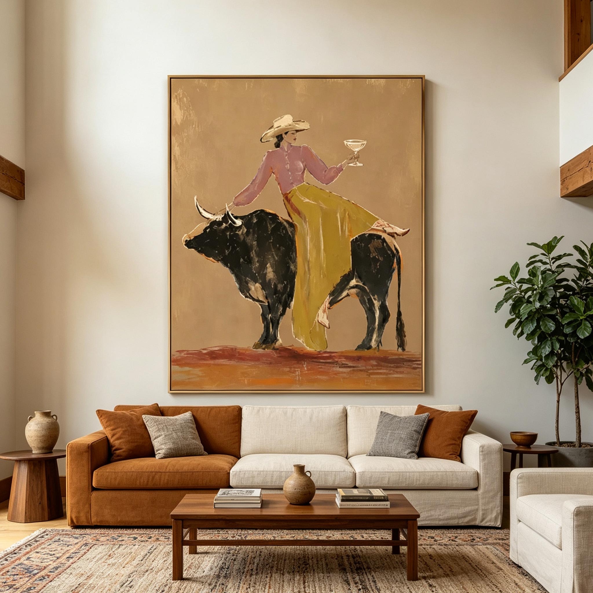 A Toast Atop the Bull – Whimsical Vintage Figurative Painting #CP076