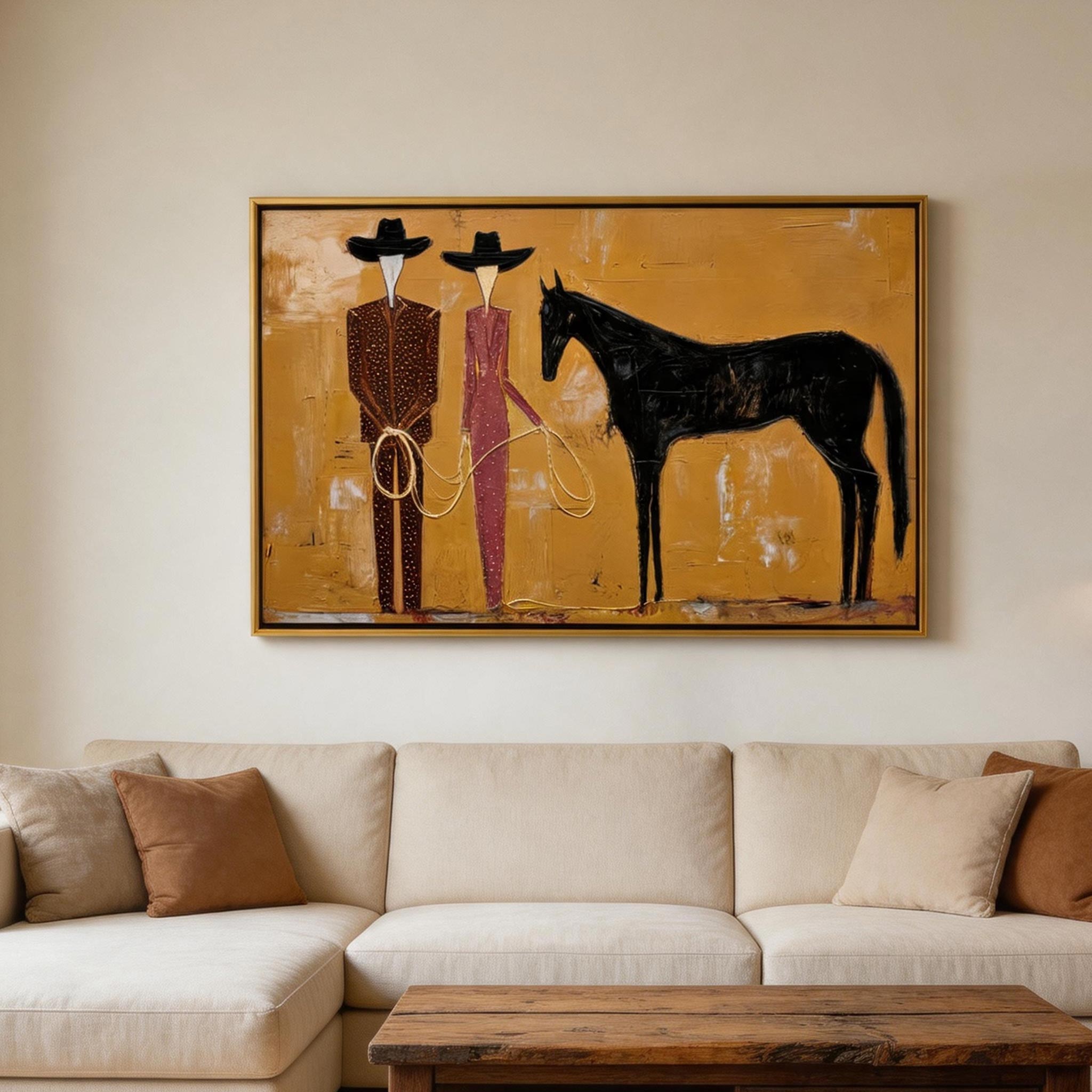 The Ranchers — Two Figures & Black Horse Canvas Wall Art #HA044