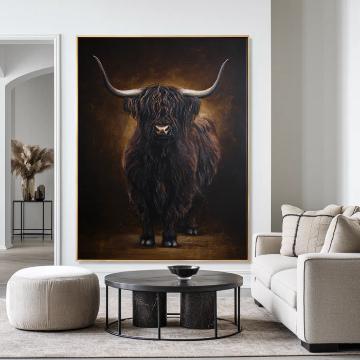 Highland Cow Wall Art – Dark Rustic Animal Canvas Painting #CP023