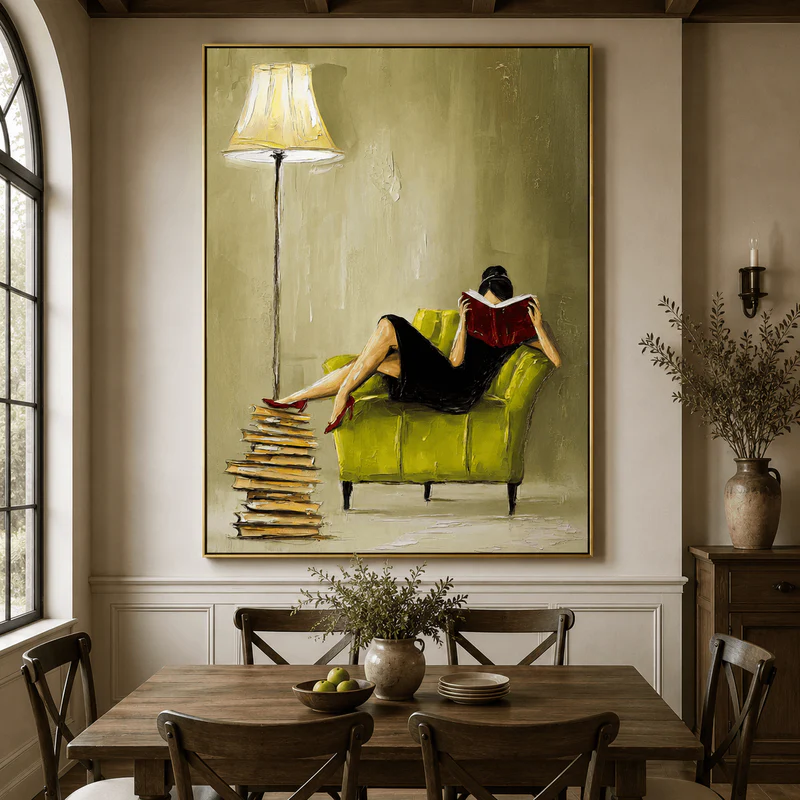 Woman Reading Textured Canvas Print — Framed Green Armchair Wall Art #CP066
