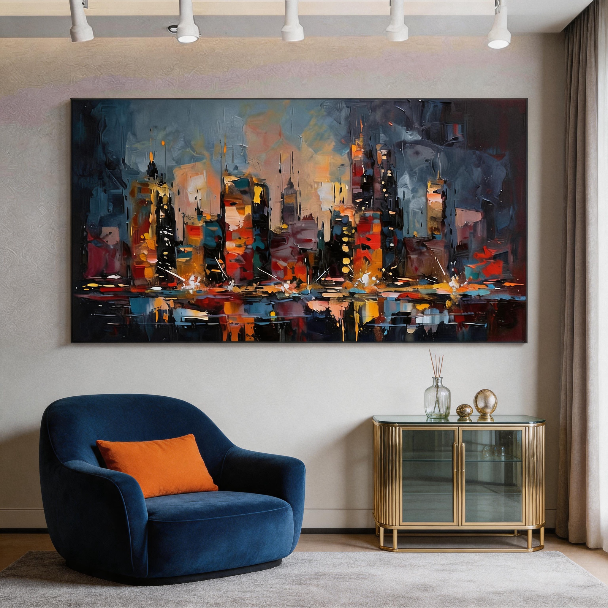 City on Fire — Abstract Night Skyline Impasto Canvas Wall Art #ML002