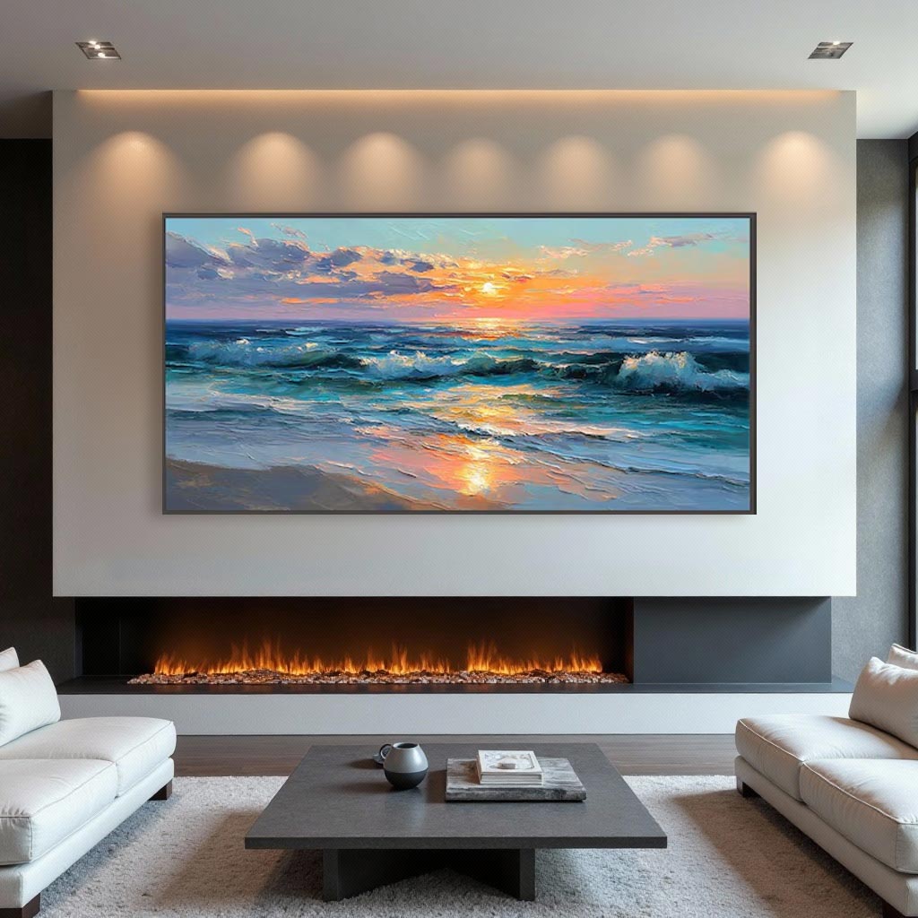 Sunset Ocean Wave Wall Art Canvas – Panoramic Coastal Seascape Painting #AT038