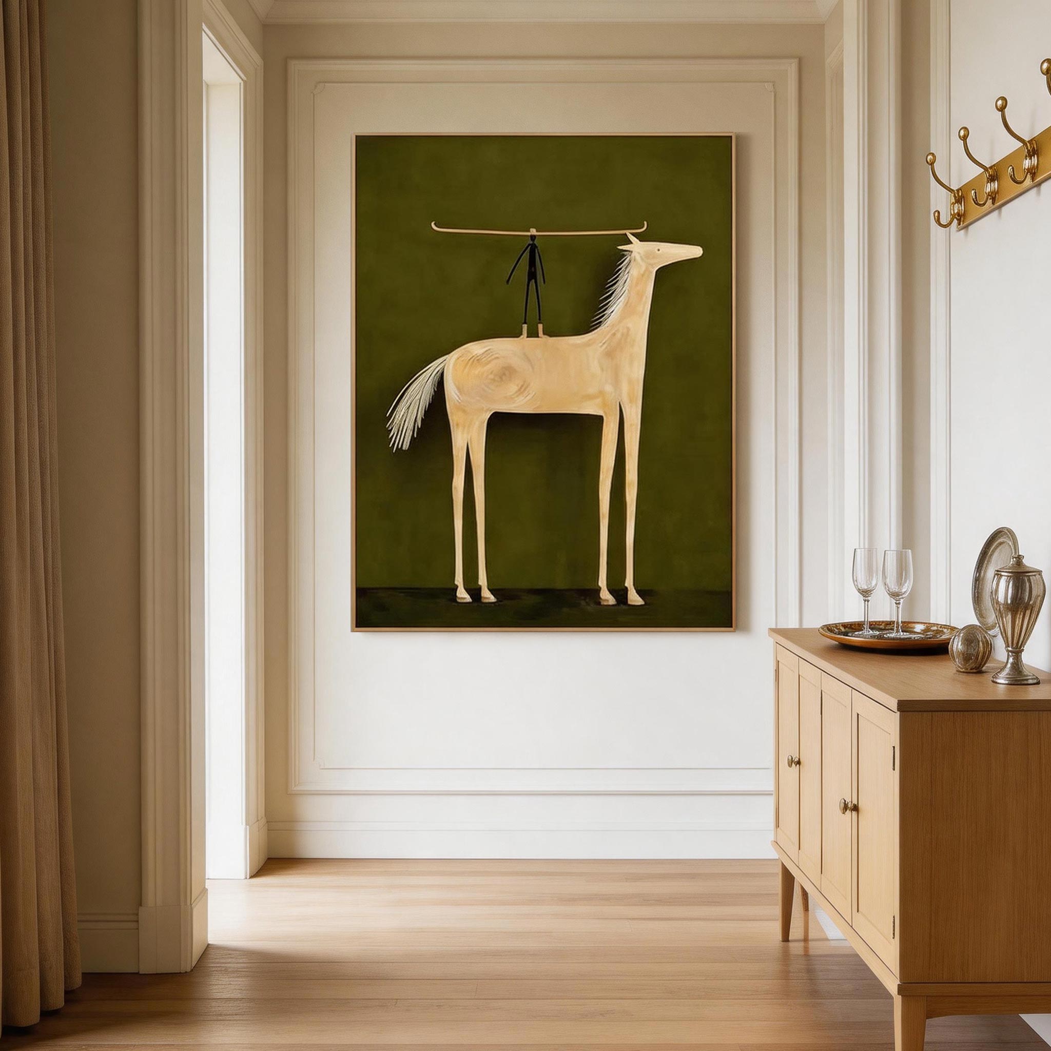 Balance — Primitive Stick Figure & Cream Horse Canvas Wall Art on Olive Green #HA037