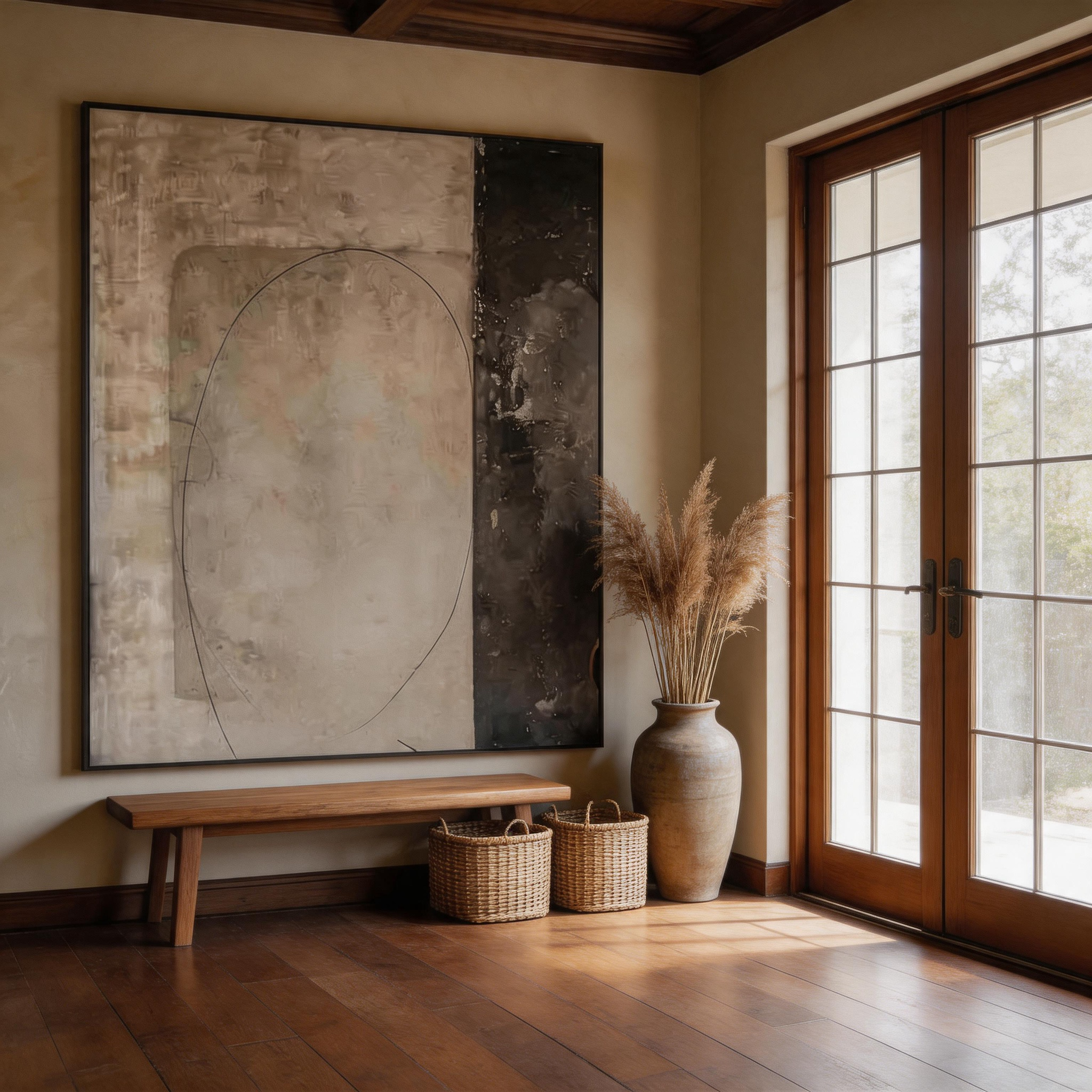 The Threshold — Minimalist Bicolour Arch Canvas Wall Art in Taupe & Charcoal #MA040