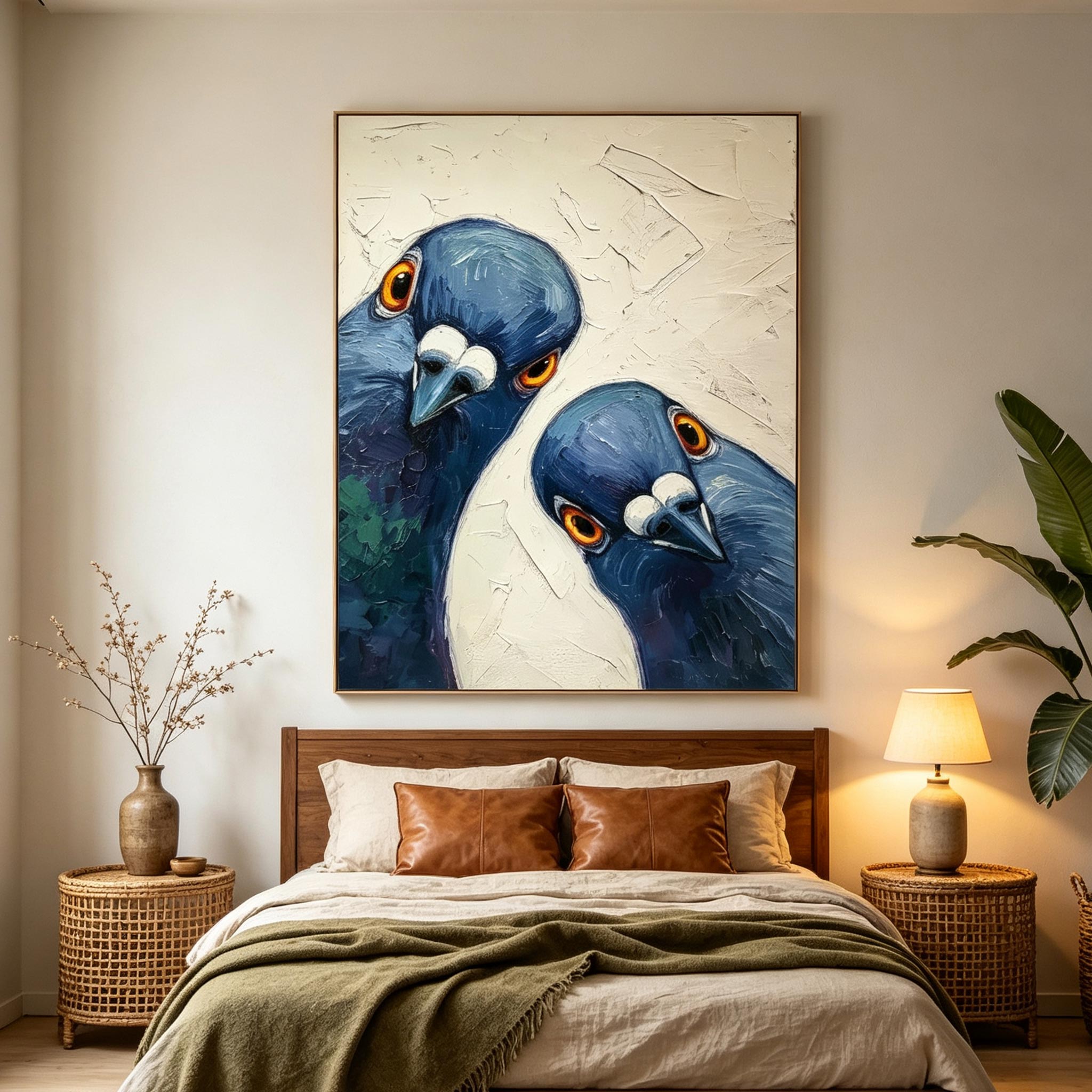Watchful Pair – Textured Impasto Pigeon Painting #AN001