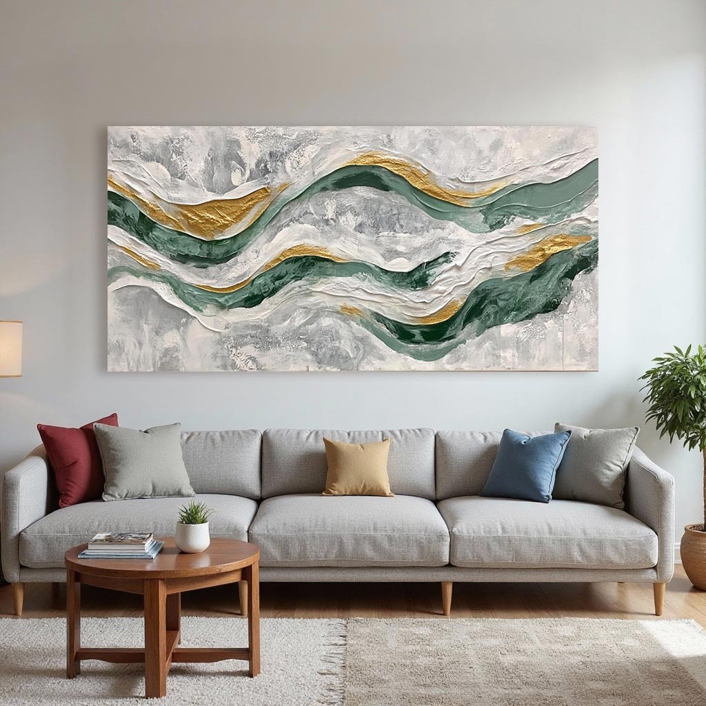 Abstract Green & Gold Wave Wall Art – Modern Textured Panoramic Painting #GT001
