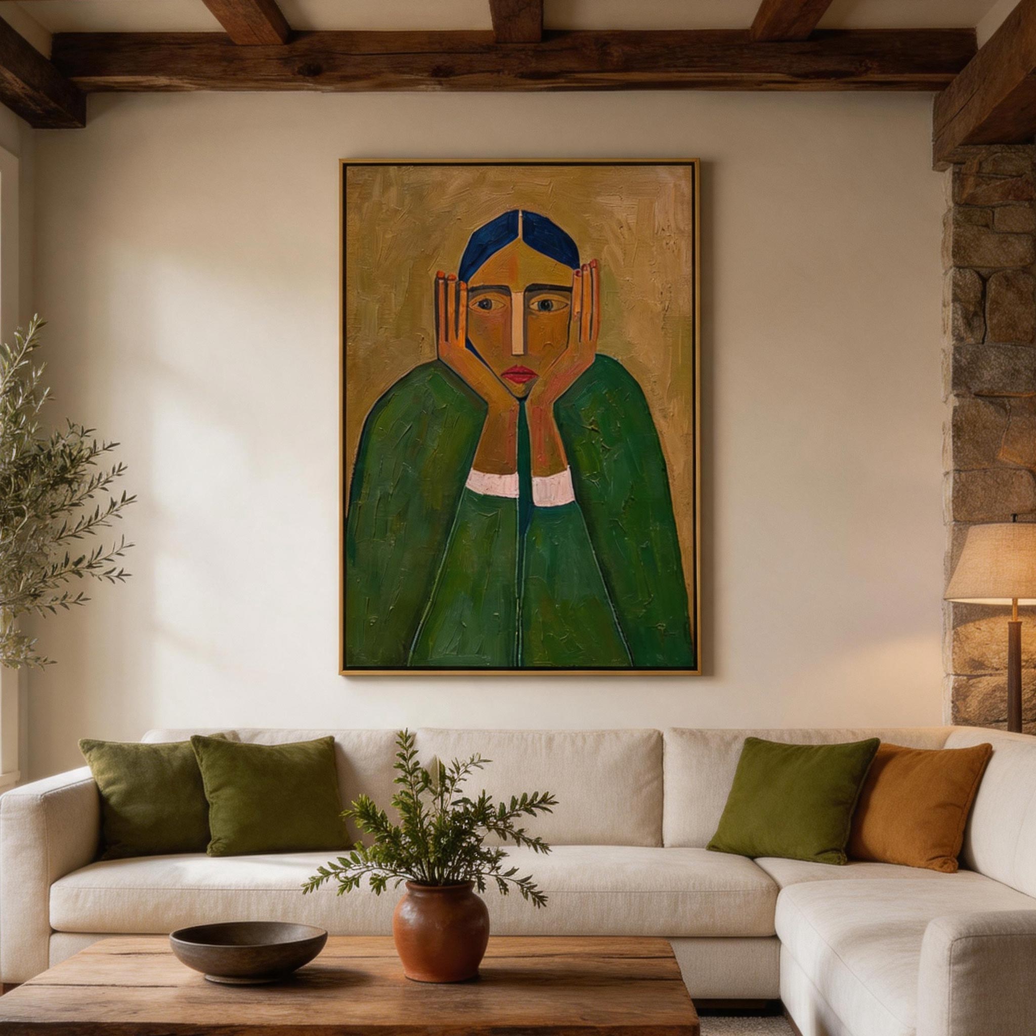 Seen — Frontal Woman Portrait Canvas Wall Art, Green & Gold #GT011