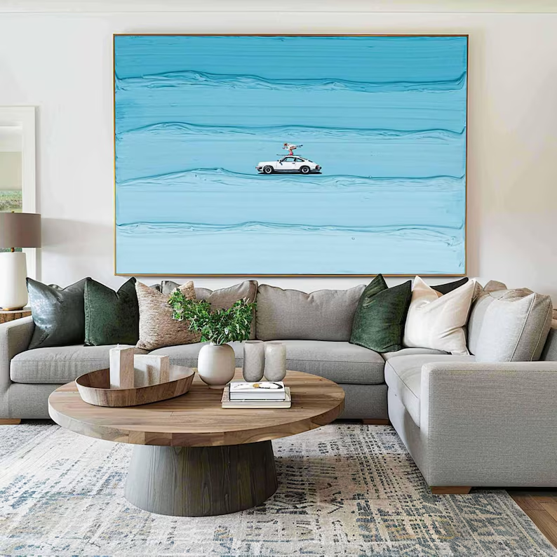 Open Road Textured Canvas Wall Art — Minimalist Car Painting on Sky Blue #PP004