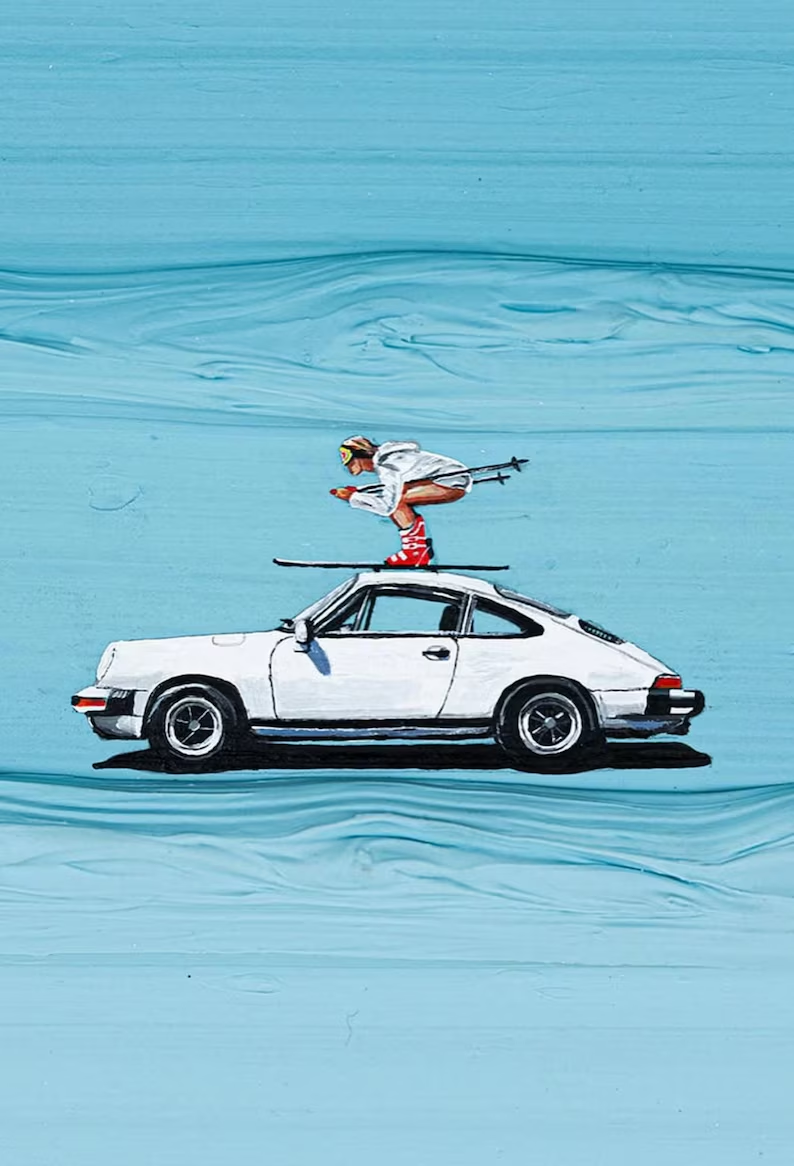 Open Road Textured Canvas Wall Art — Minimalist Car Painting on Sky Blue #PP004