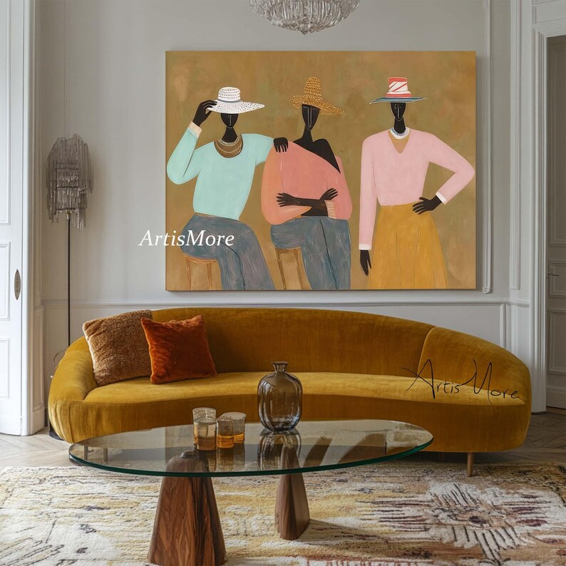 Three Women with Hats Canvas Painting — Original Figurative Art #CP034