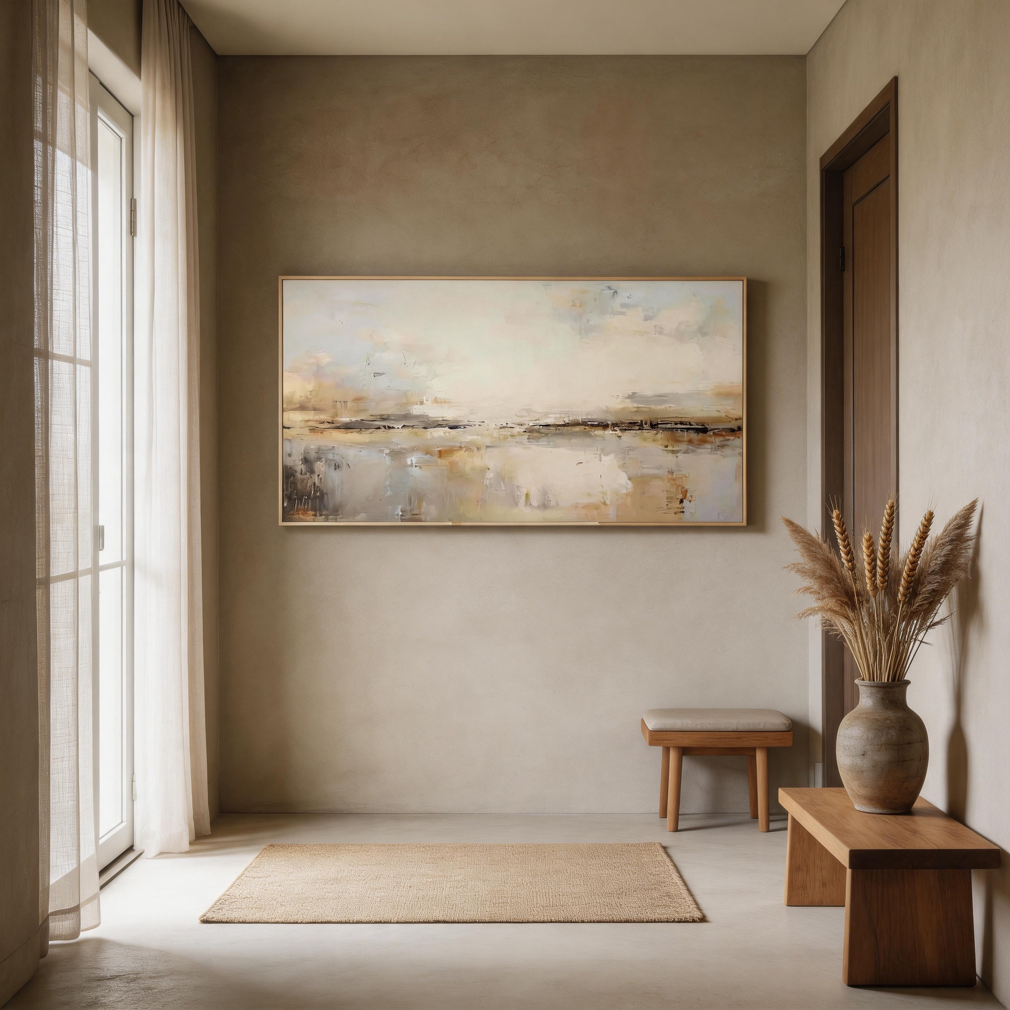 Soft Horizon — Abstract Landscape Canvas Wall Art in Warm Sand & Silver #CP047