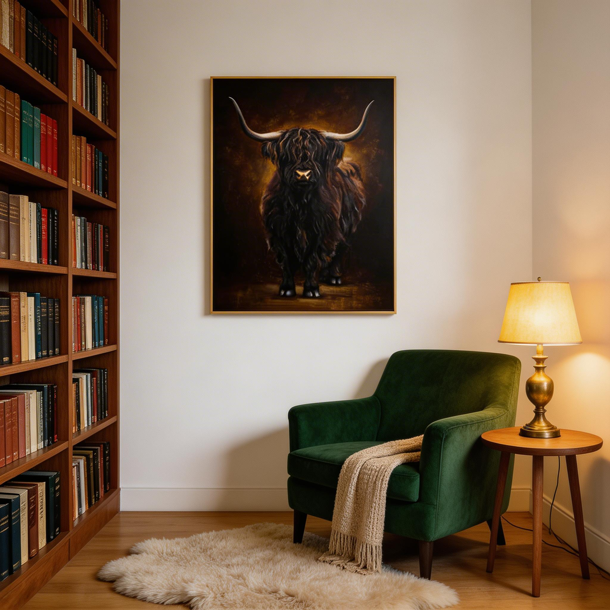 Highland Cow Wall Art – Dark Rustic Animal Canvas Painting #CP023
