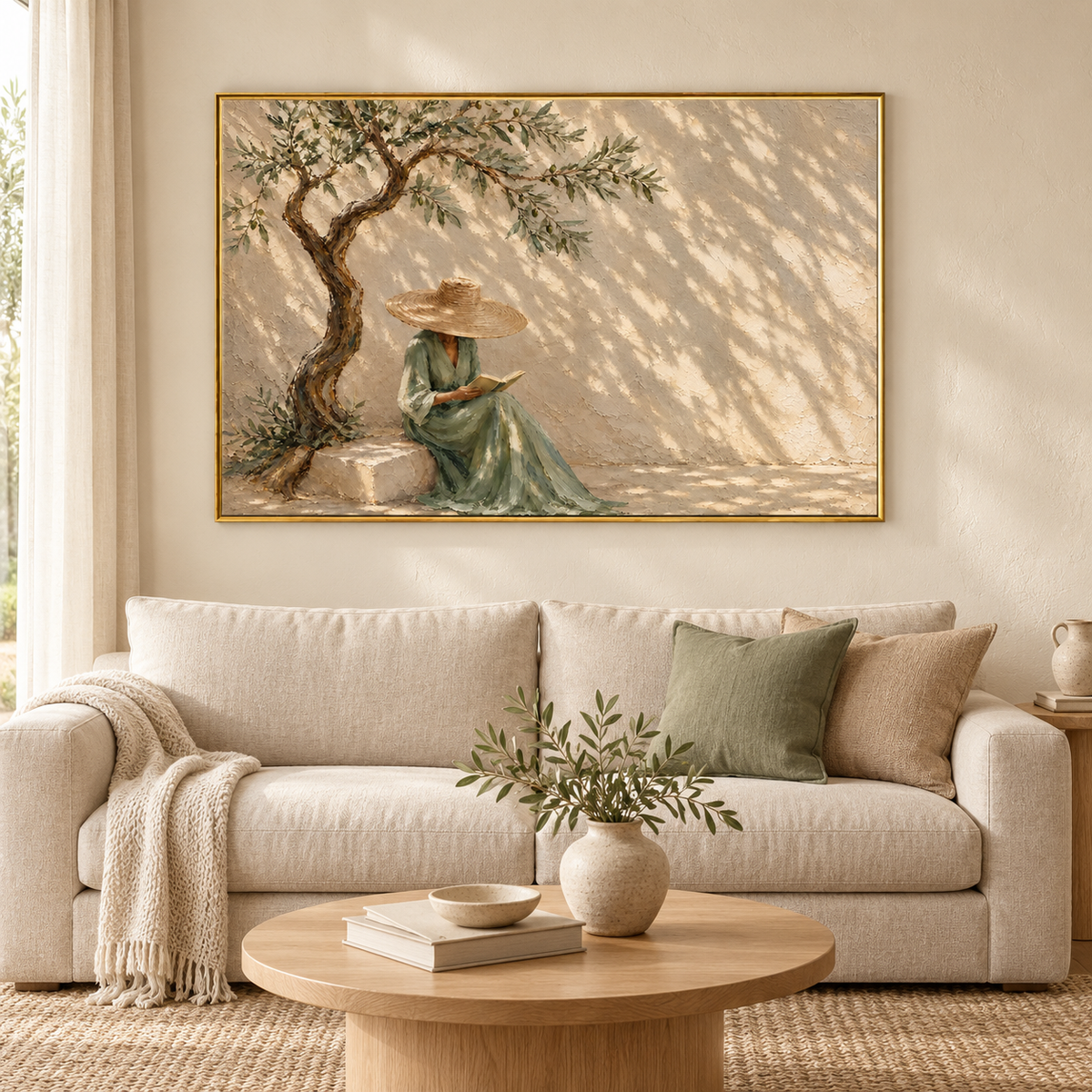 Reading Beneath the Olive Tree – Wabi-Sabi Figurative Painting #CP081