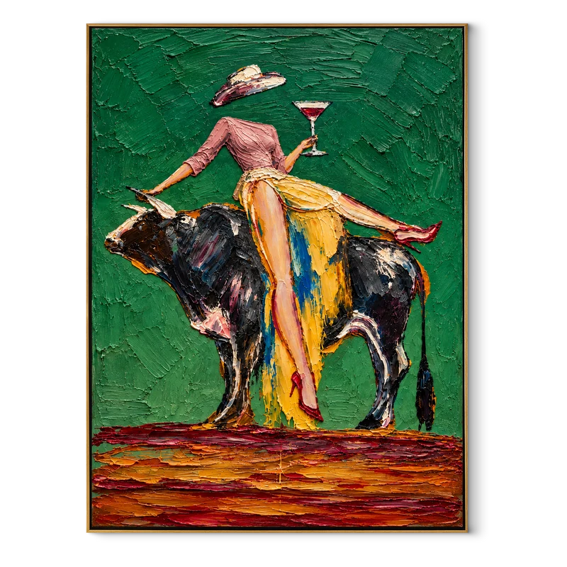 Cheers on the Bull – Heavy Impasto Whimsical Figurative Painting #CP082