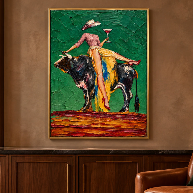 Cheers on the Bull – Heavy Impasto Whimsical Figurative Painting #CP082