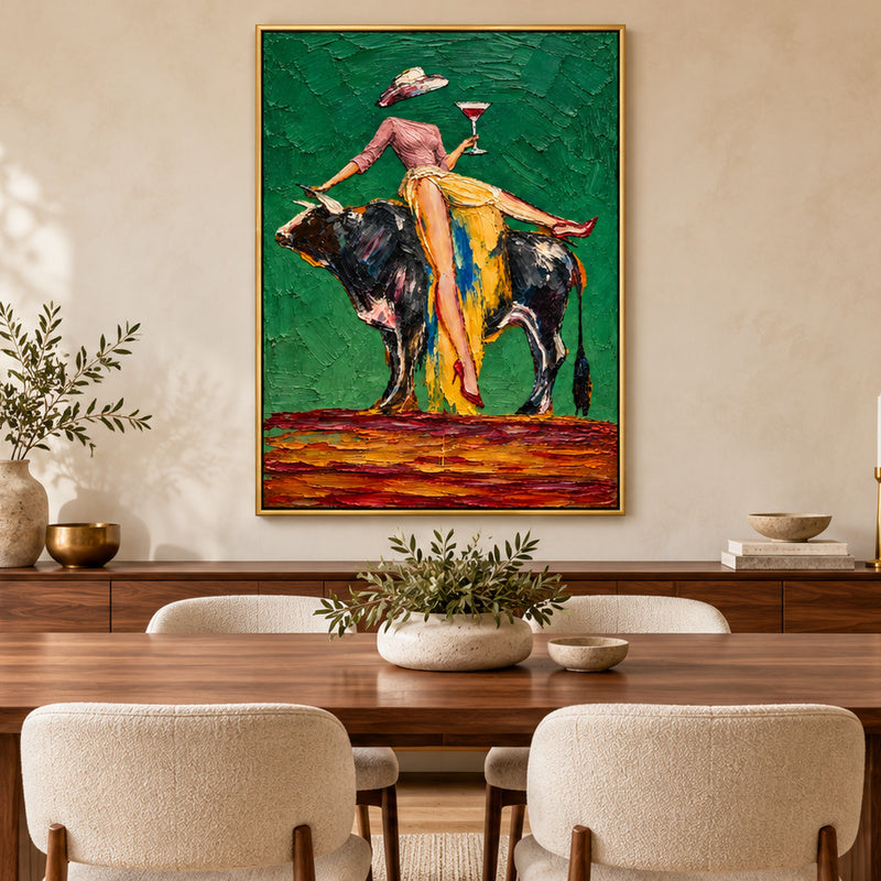 Cheers on the Bull – Heavy Impasto Whimsical Figurative Painting #CP082
