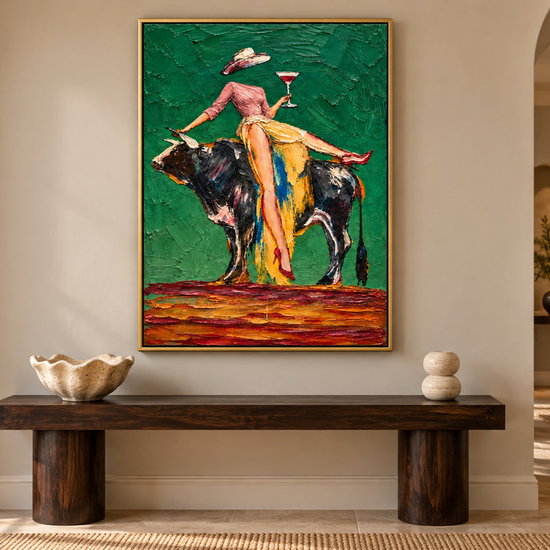 Cheers on the Bull – Heavy Impasto Whimsical Figurative Painting #CP082