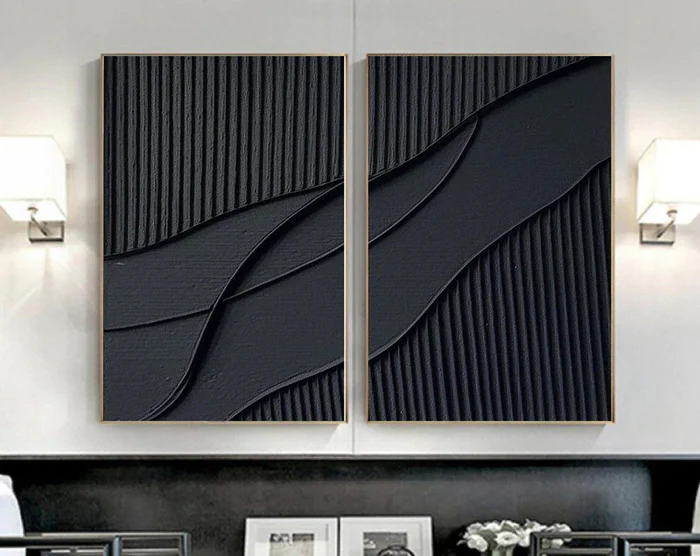 Black Plaster Art Minimalist Textured Painting Set of 2 #BT011