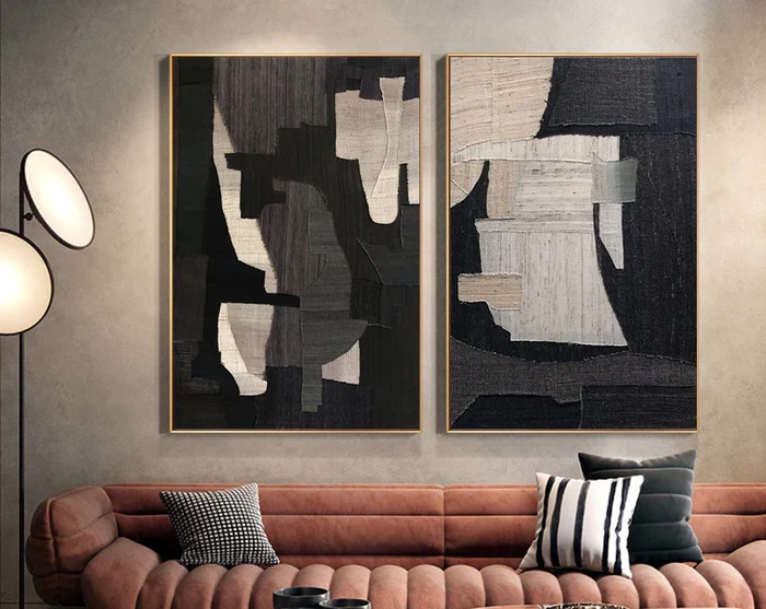 Black Plaster Art Minimalist Textured Painting Set of 2 #BT015