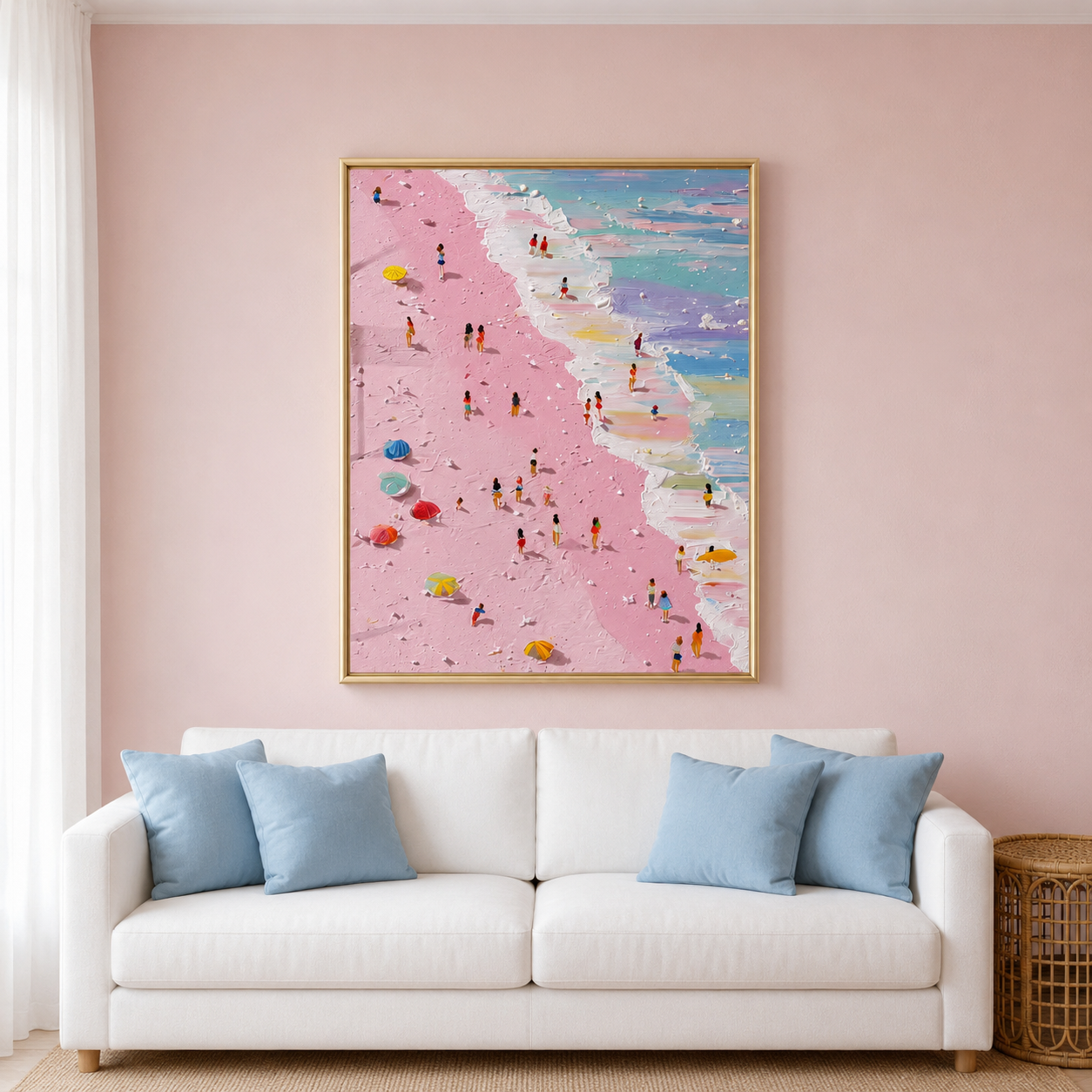 Pink Beach from Above — Aerial Impasto Canvas Wall Art with Figures #BC001