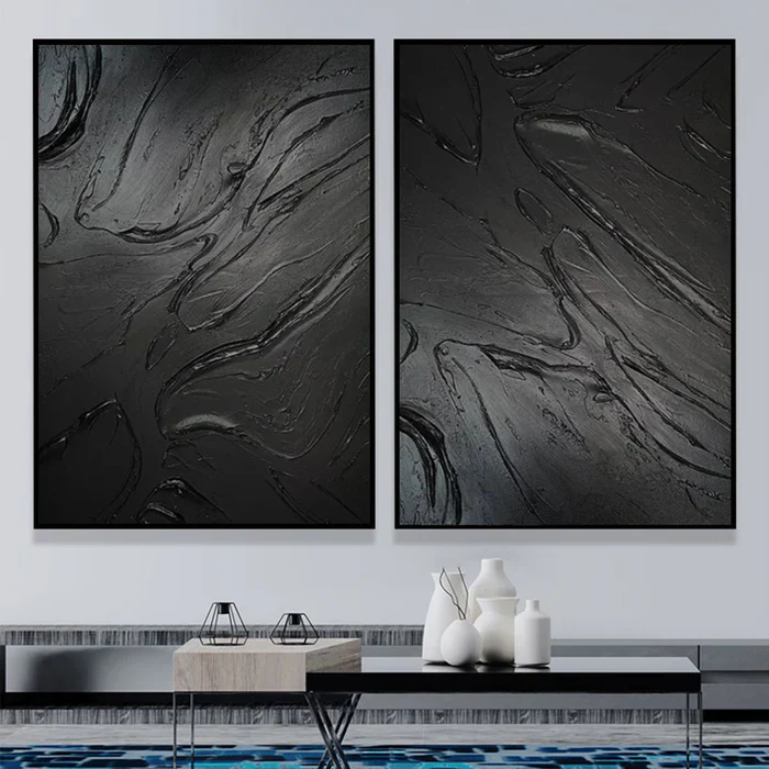 Black Plaster Art Minimalist Textured Painting Set of 2 #BT010