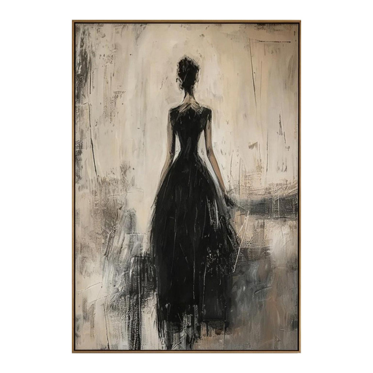 Lady in black gown textured silhouette oil painting in natural wood frame #CA014