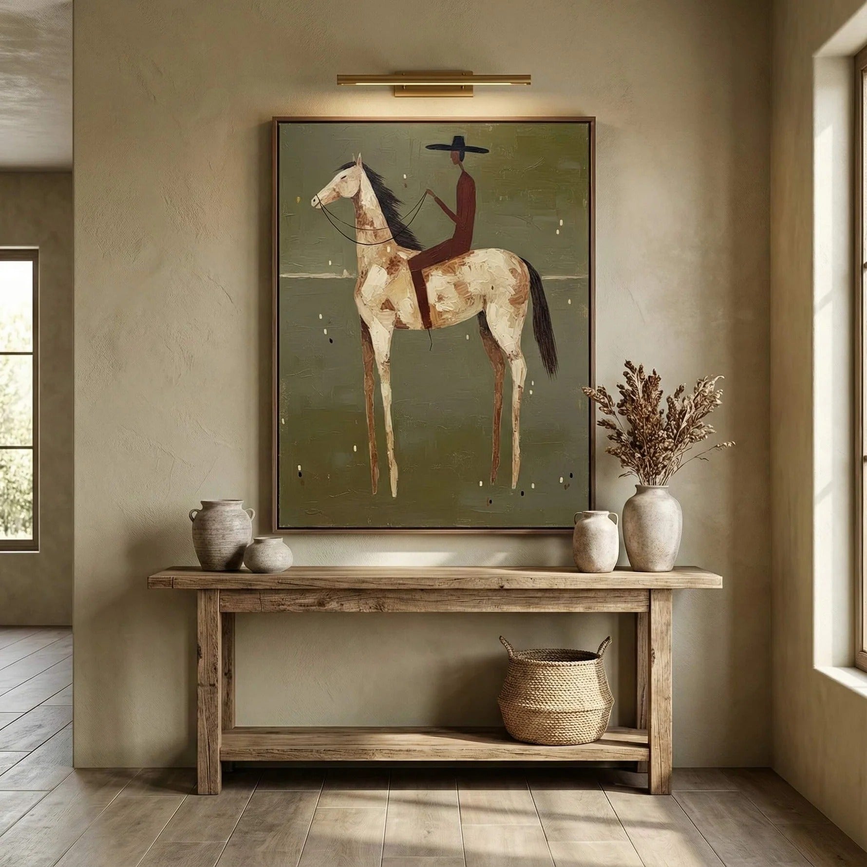 Minimalist Horse Rider Wall Art – Modern Equestrian Canvas Painting #HA020