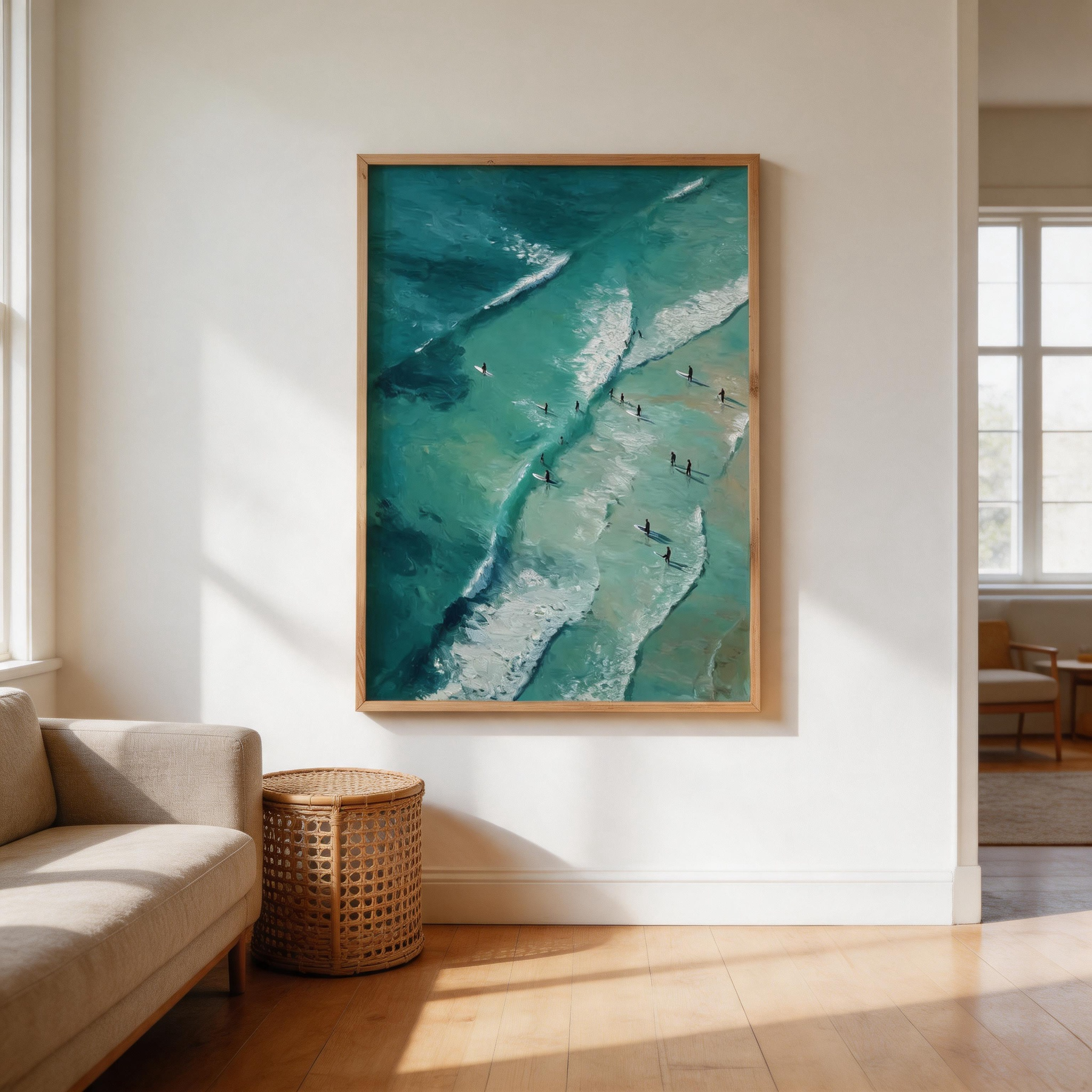 Riding the Break — Aerial Surfers Teal Ocean Canvas Wall Art #BC002