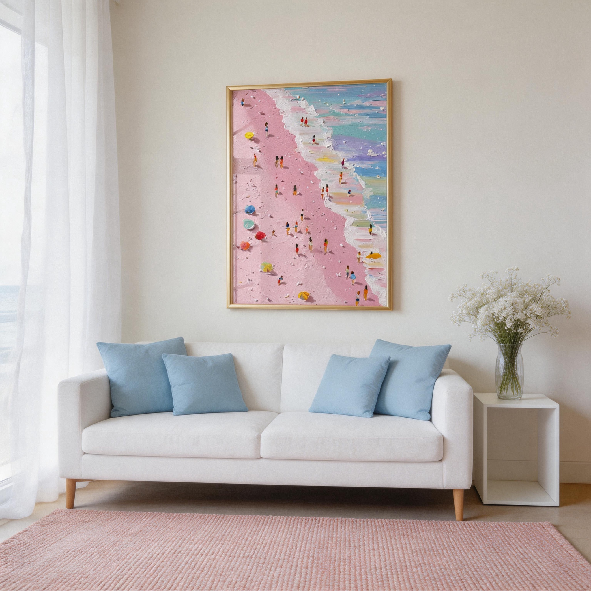 Pink Beach from Above — Aerial Impasto Canvas Wall Art with Figures #BC001