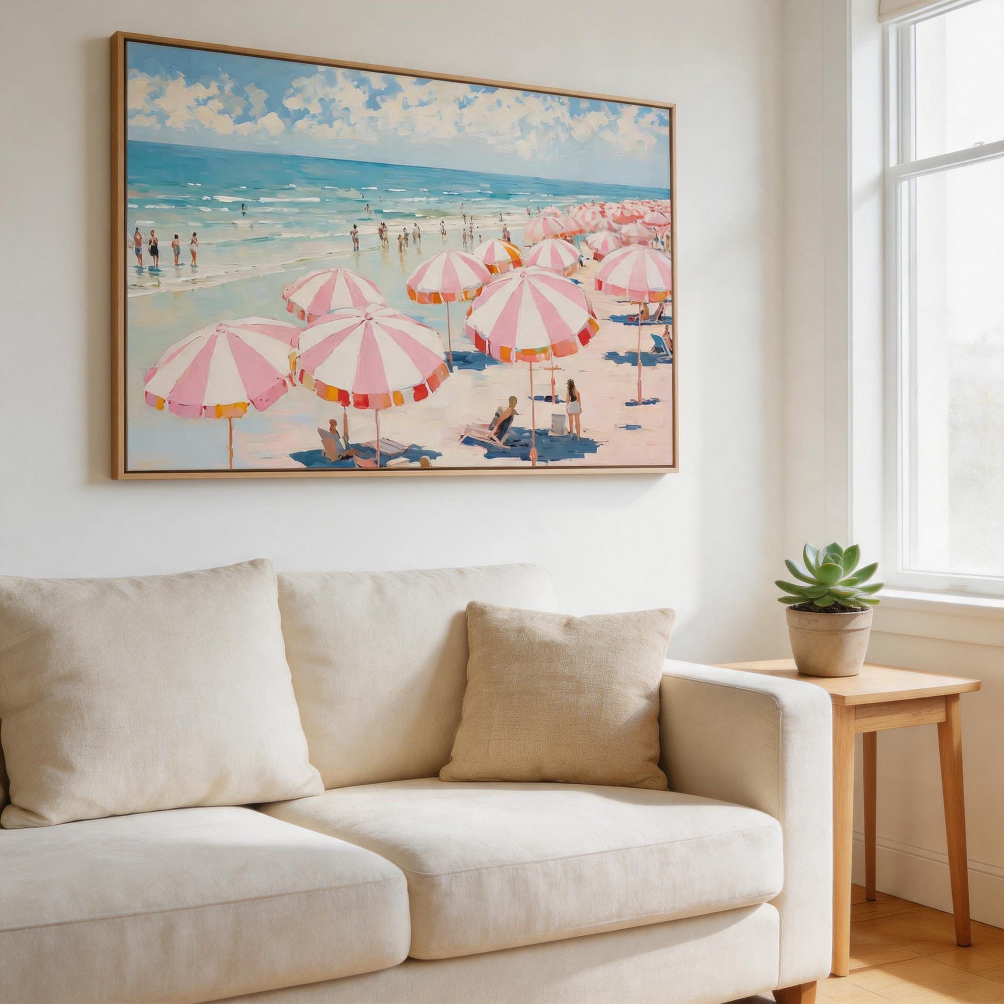 Pink Beach Umbrella Canvas Wall Art #BC007