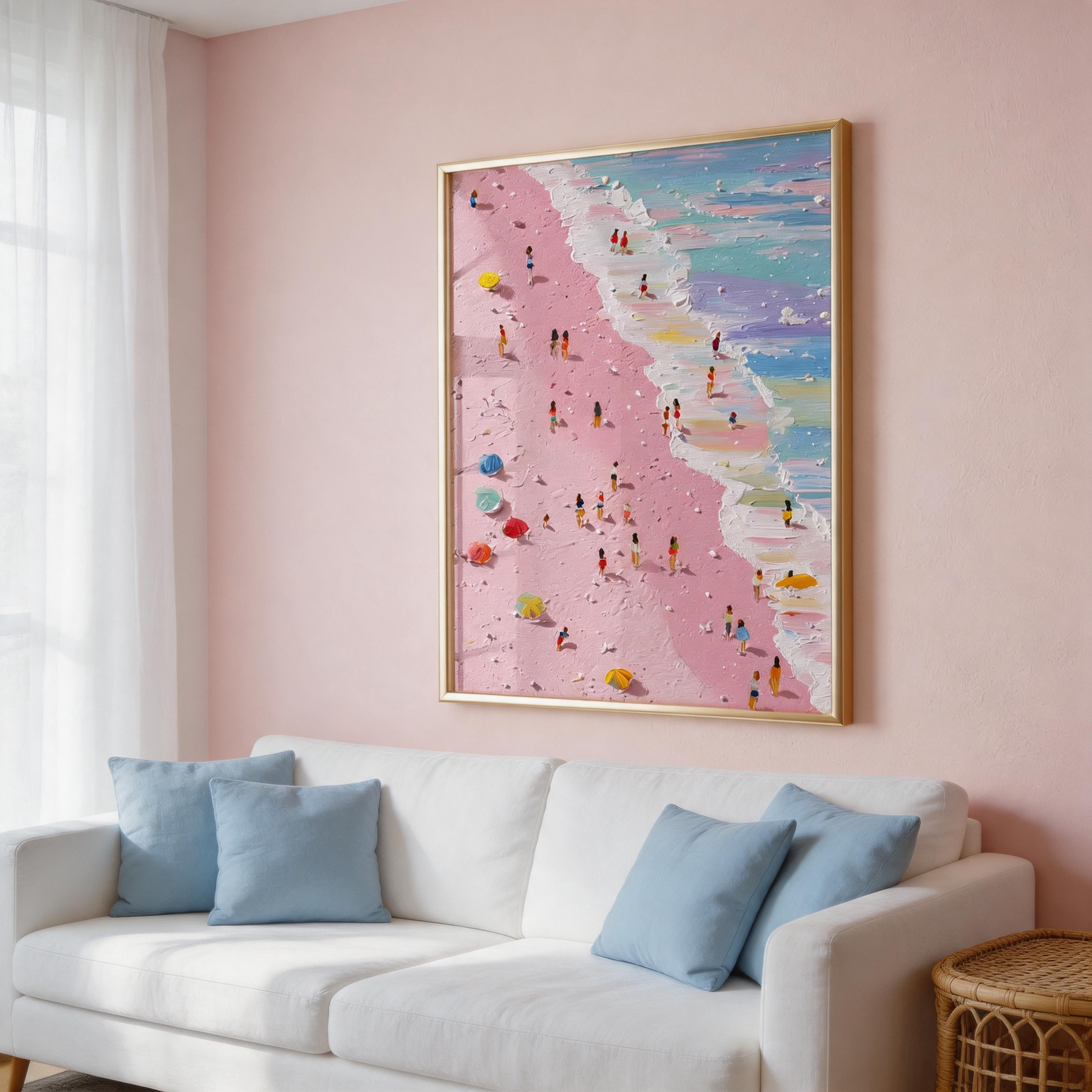 Pink Beach from Above — Aerial Impasto Canvas Wall Art with Figures #BC001