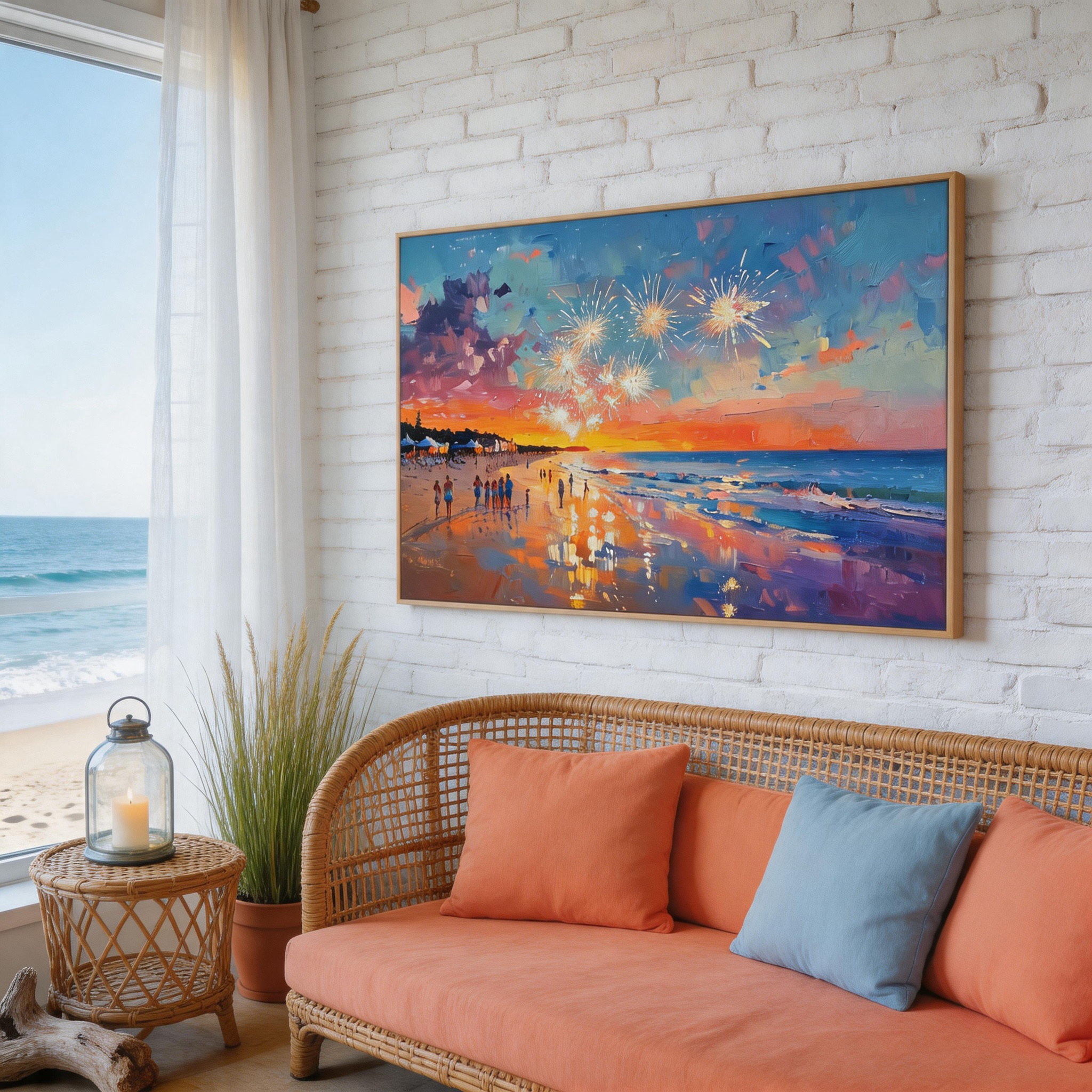 Beach Fireworks Canvas Wall Art #BC006