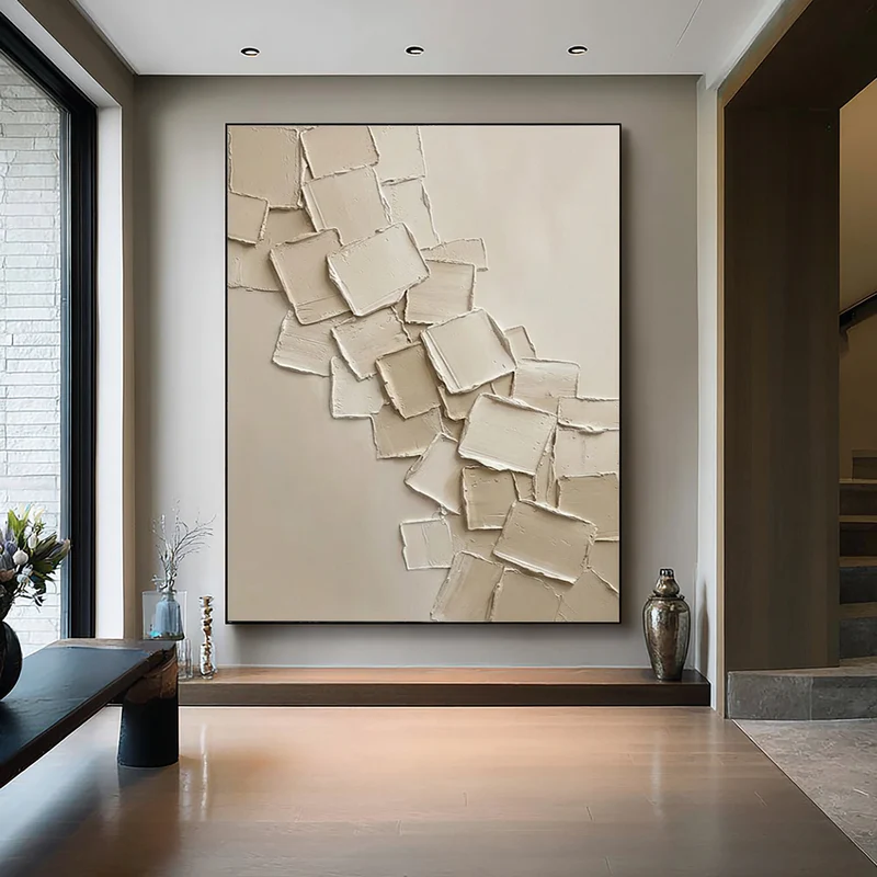 Cascade — Ivory Square Relief Impasto Canvas Wall Art on Warm Beige #CP053