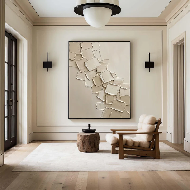 Cascade — Ivory Square Relief Impasto Canvas Wall Art on Warm Beige #CP053
