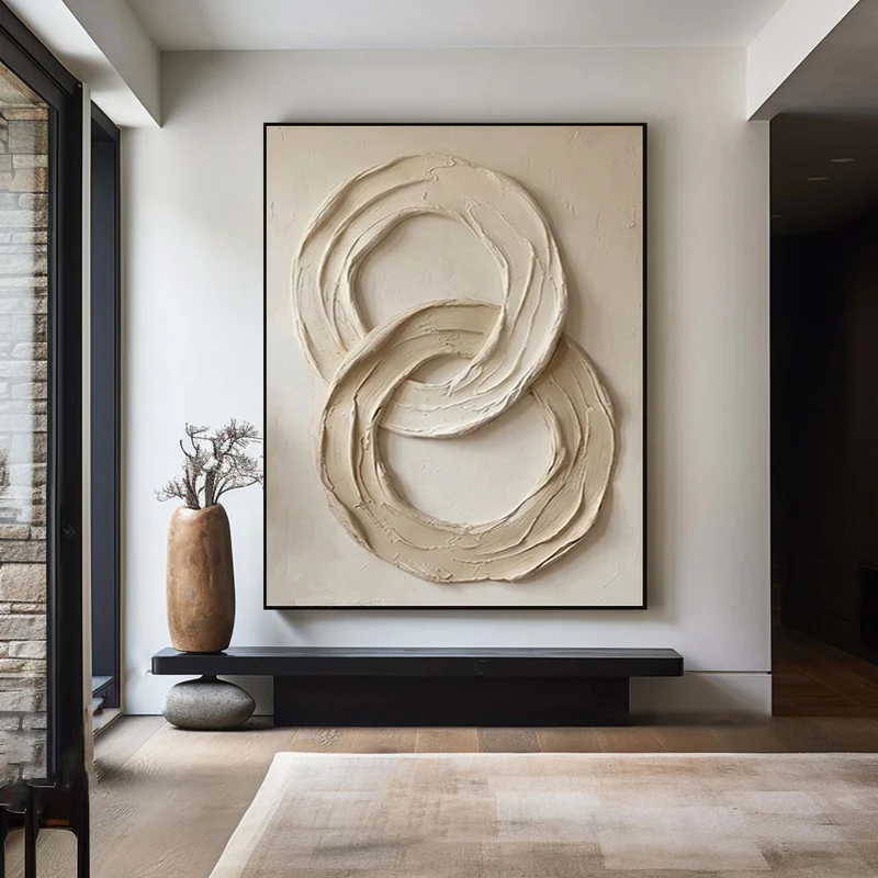 Infinity — Double Circle Impasto Sculptural Canvas Wall Art in Ivory & Sand #CP054