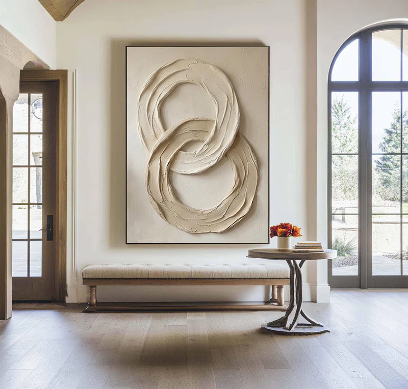 Infinity — Double Circle Impasto Sculptural Canvas Wall Art in Ivory & Sand #CP054